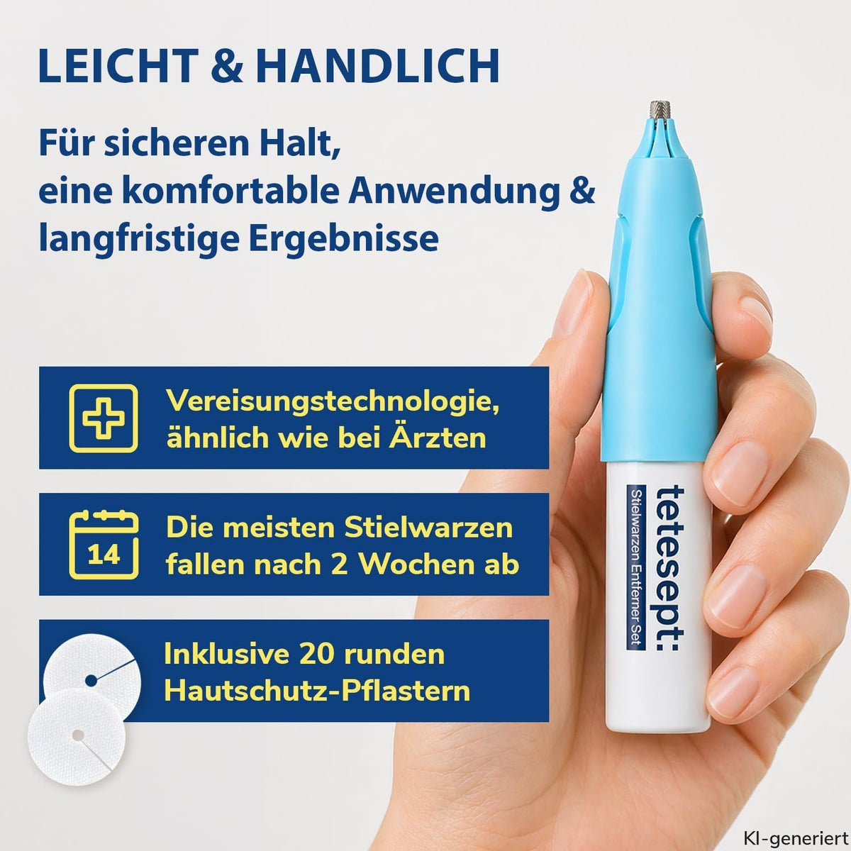 Hand hält tetesept Vereisungsstift, blaues Oberteil und beschrifteter weißer Schaft