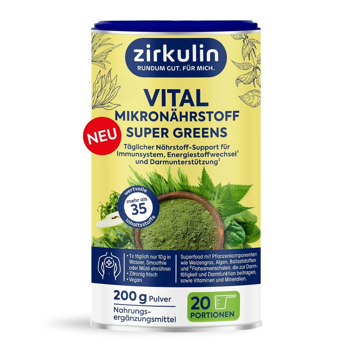 zirkulin Vital Mikronährstoff Super Greens Dose, Draufsicht auf Vorderetikett, 200 g
