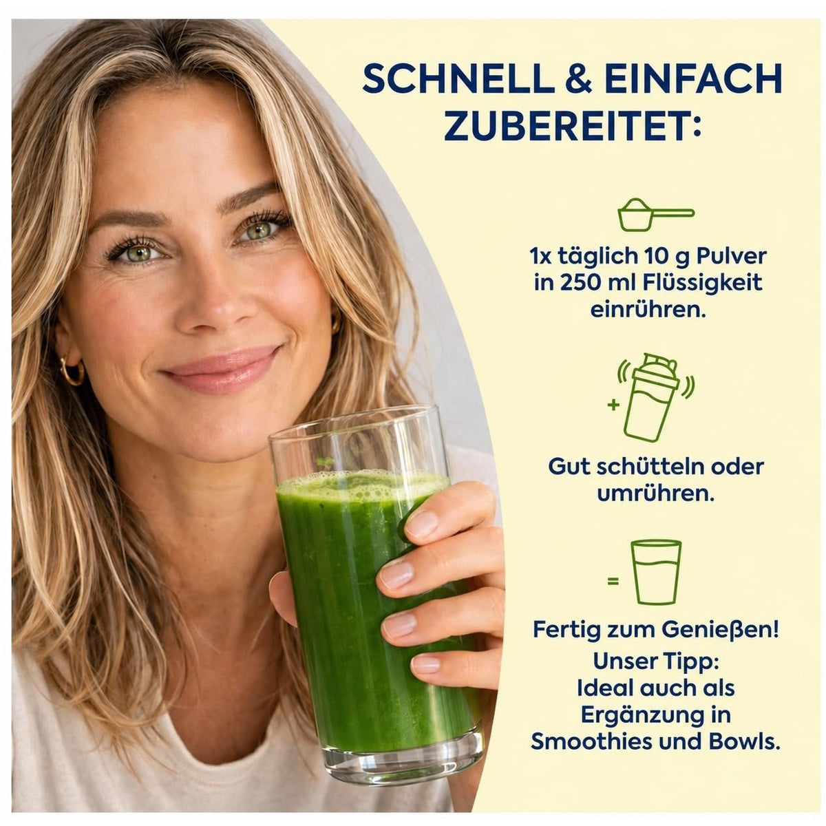 Grünes Getränk im Glas neben zirkulin Dose; Hinweis „Schnell & einfach zubereitet“