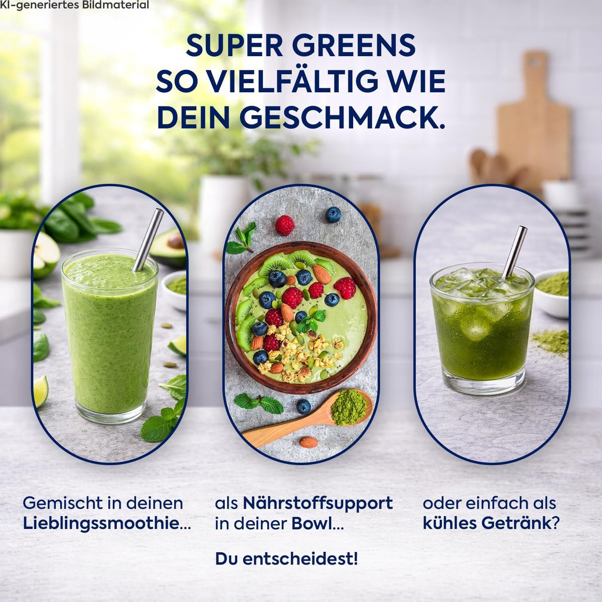 Drei Gläser mit grünem Smoothie und Strohhalm, beworben für Super Greens.