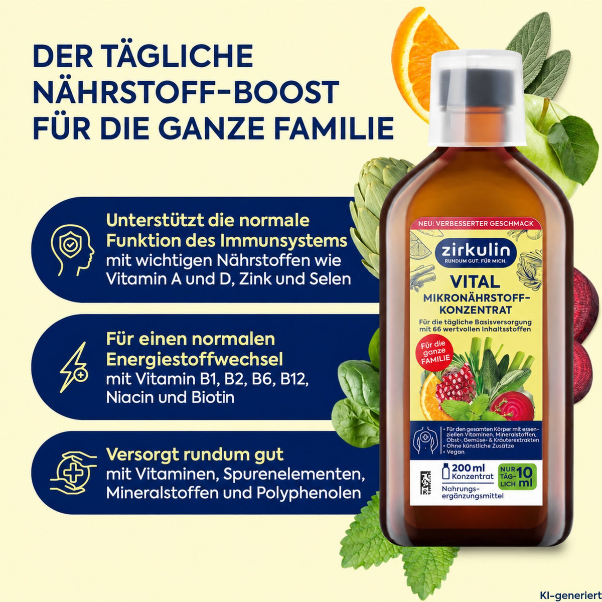 Mikronährstoff-Konzentrat-Flasche mit weißem Schraubdeckel und Etikett