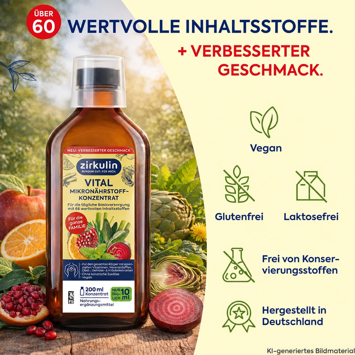 Mikronährstoff-Konzentrat-Flasche mit Angaben zu vegan, glutenfrei, laktosefrei