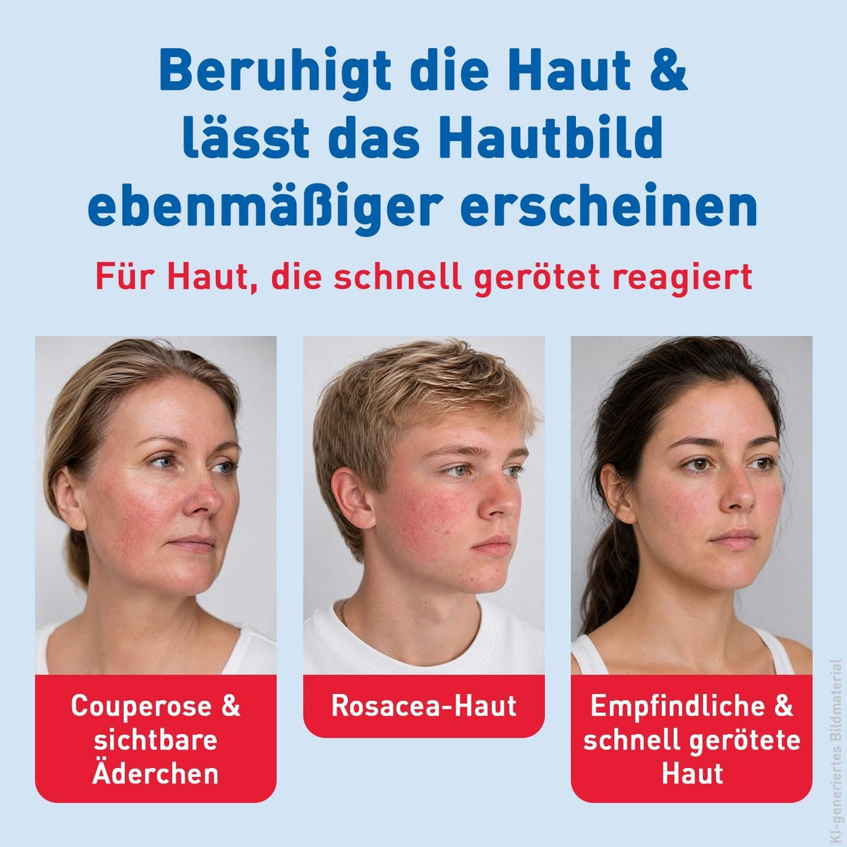 Drei Porträts mit Hauttyp-Hinweisen zu SOS-Gesichtspflege gegen Rötungen, Rosacea und Reizung