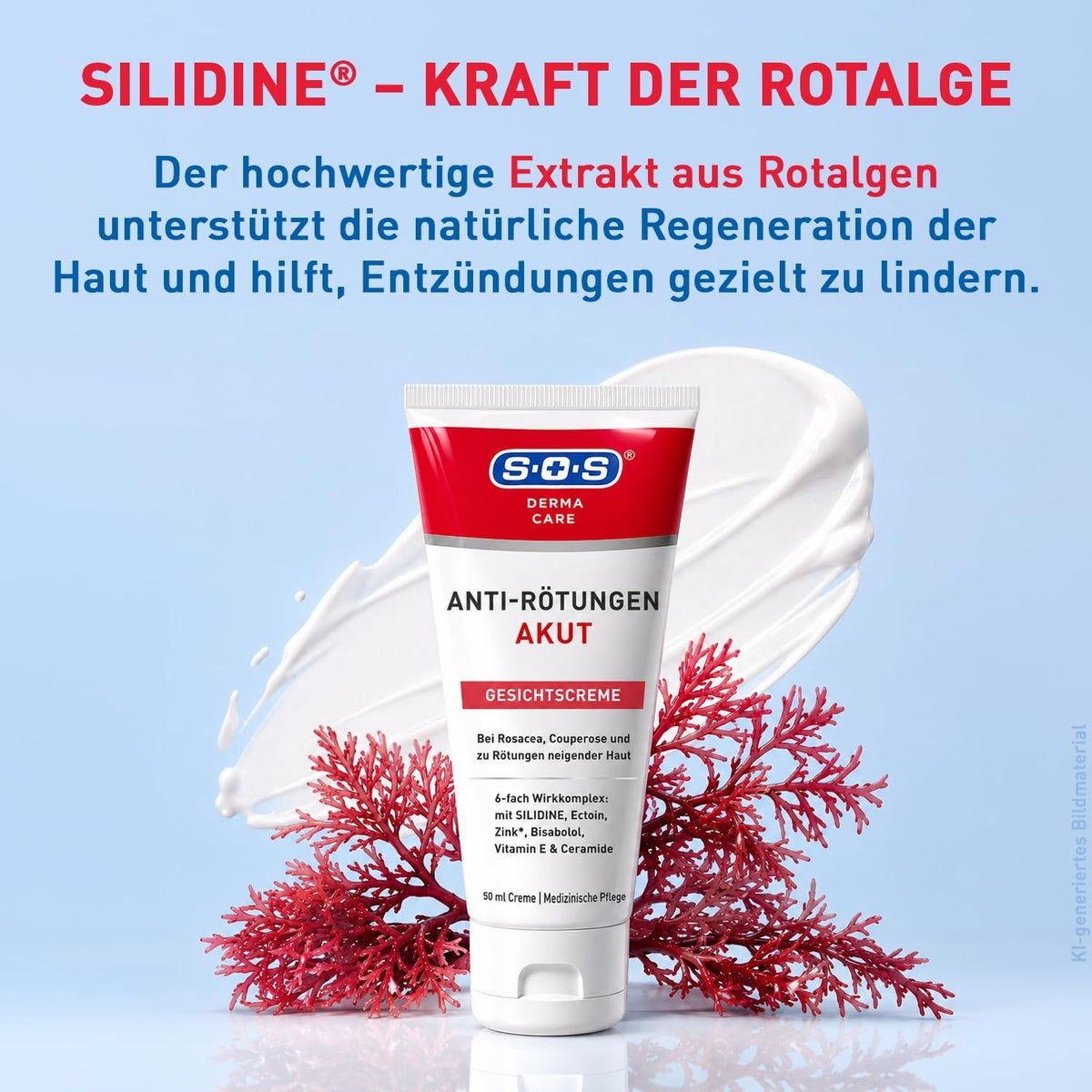 SOS Derma Care Anti-Rötungen Akut Gesichtscreme-Tube mit aufgestrichenem Creme-Glanz