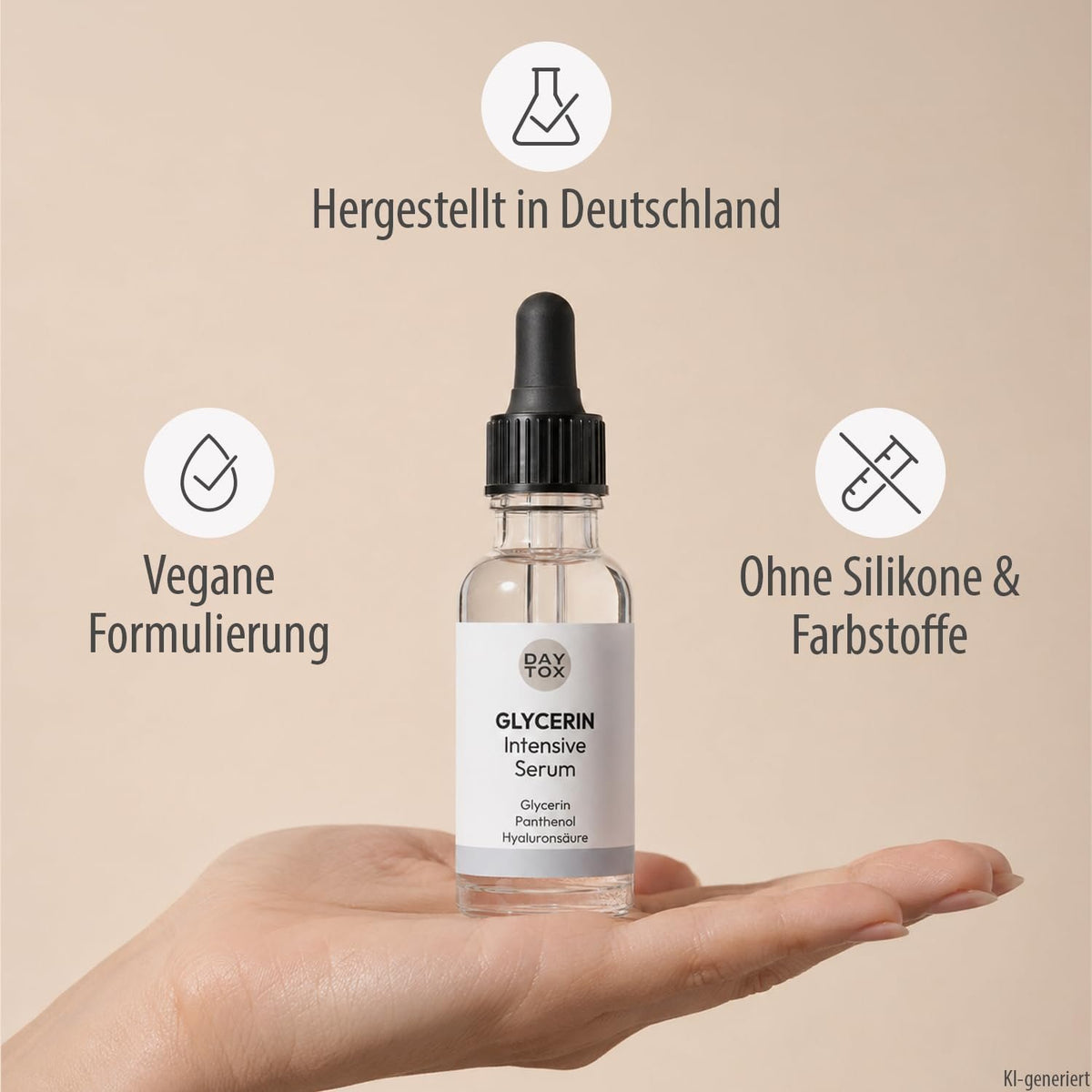 DAYTOX Glycerin Intensiv Serumflasche in Hand mit schwarzem Pipettendeckel