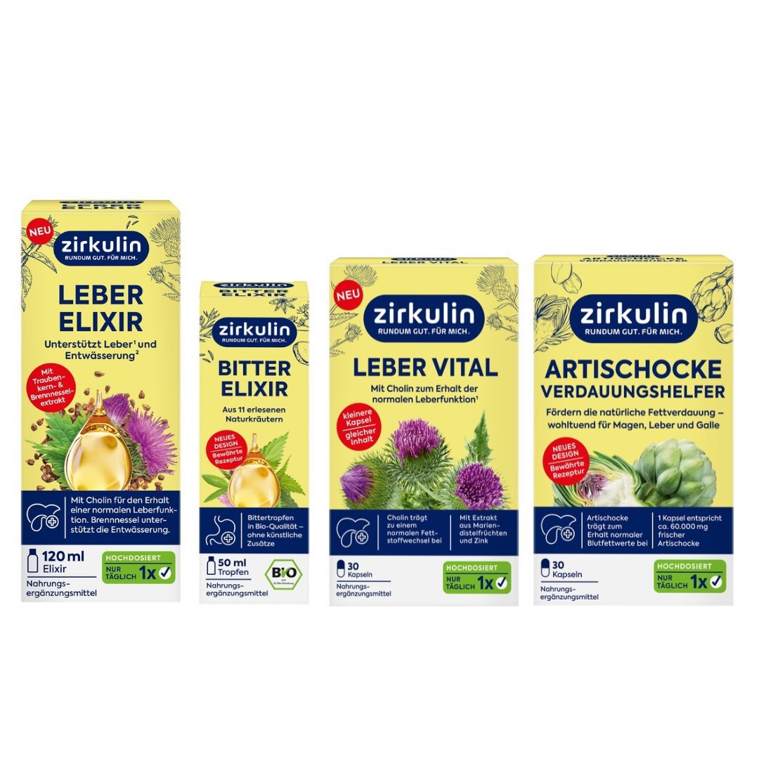 Zirkulin Leber- und Verdauungsprodukte: mehrere gelbe Kartonpackungen im Set.