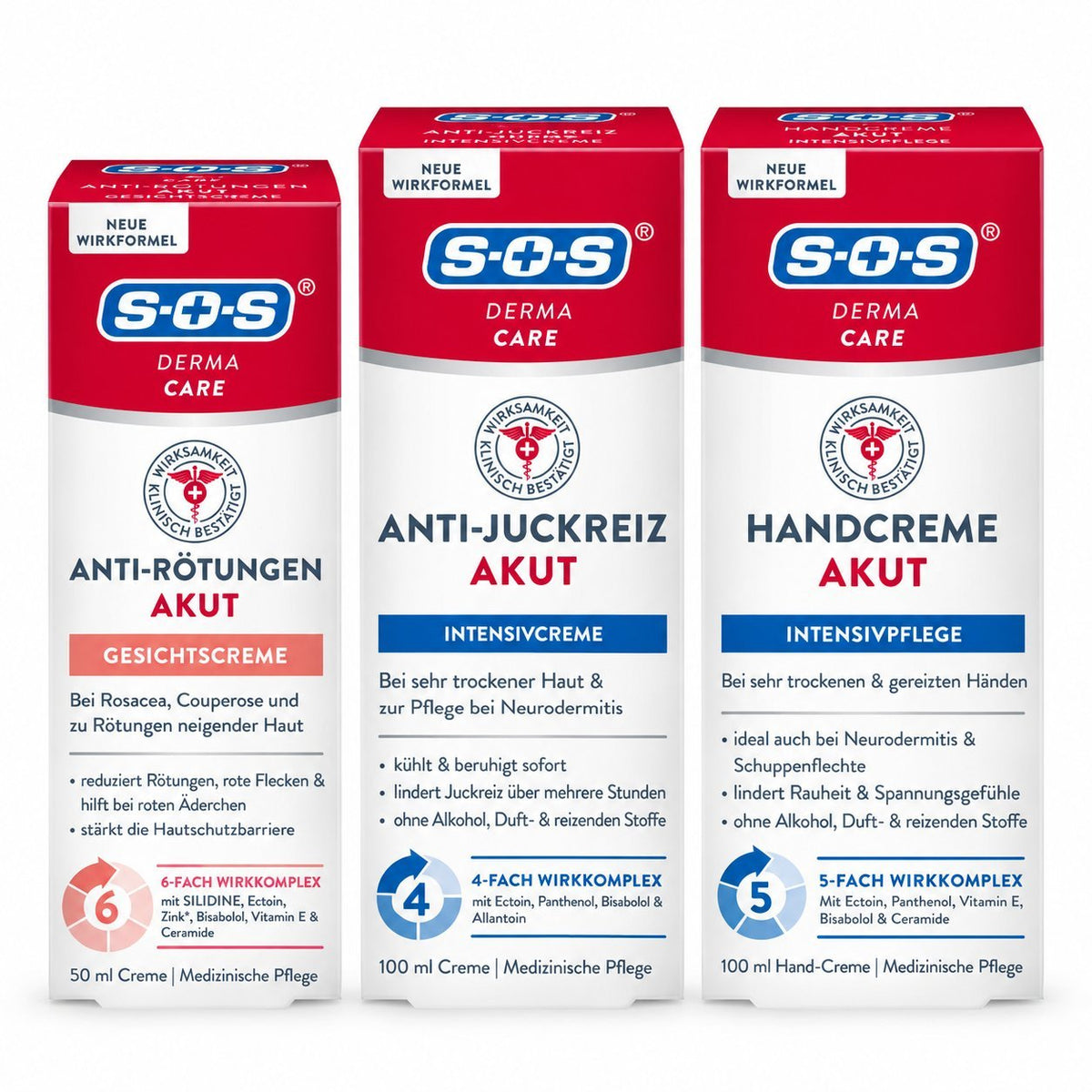 SOS Derma Care Akut-Trio-Set mit drei Creme-Tuben für Gesicht und Hände