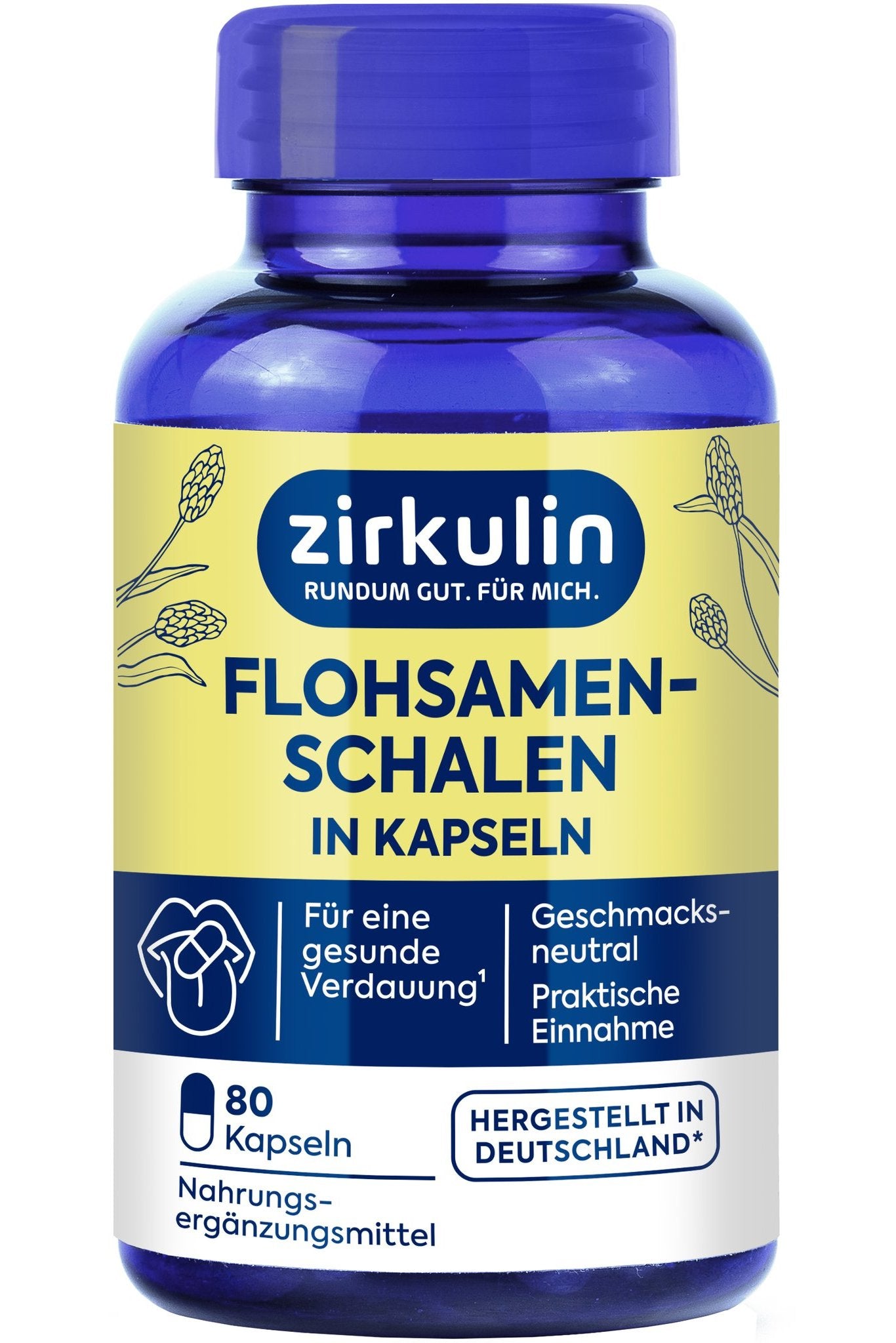 Blaue Flasche mit gelbem Etikett, Aufschrift "Zirkulin Flohsamenschalen in Kapseln", 80 Kapseln.