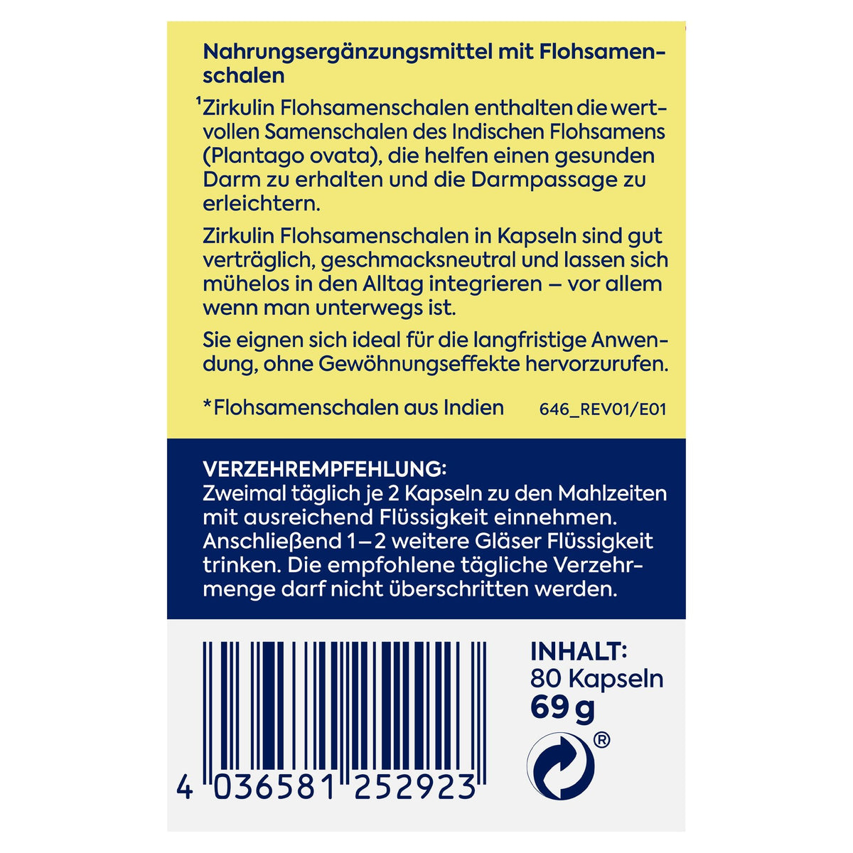Rückseite der Verpackung mit Produktbeschreibung, Verzehrempfehlung, Barcode und Inhaltsangabe.