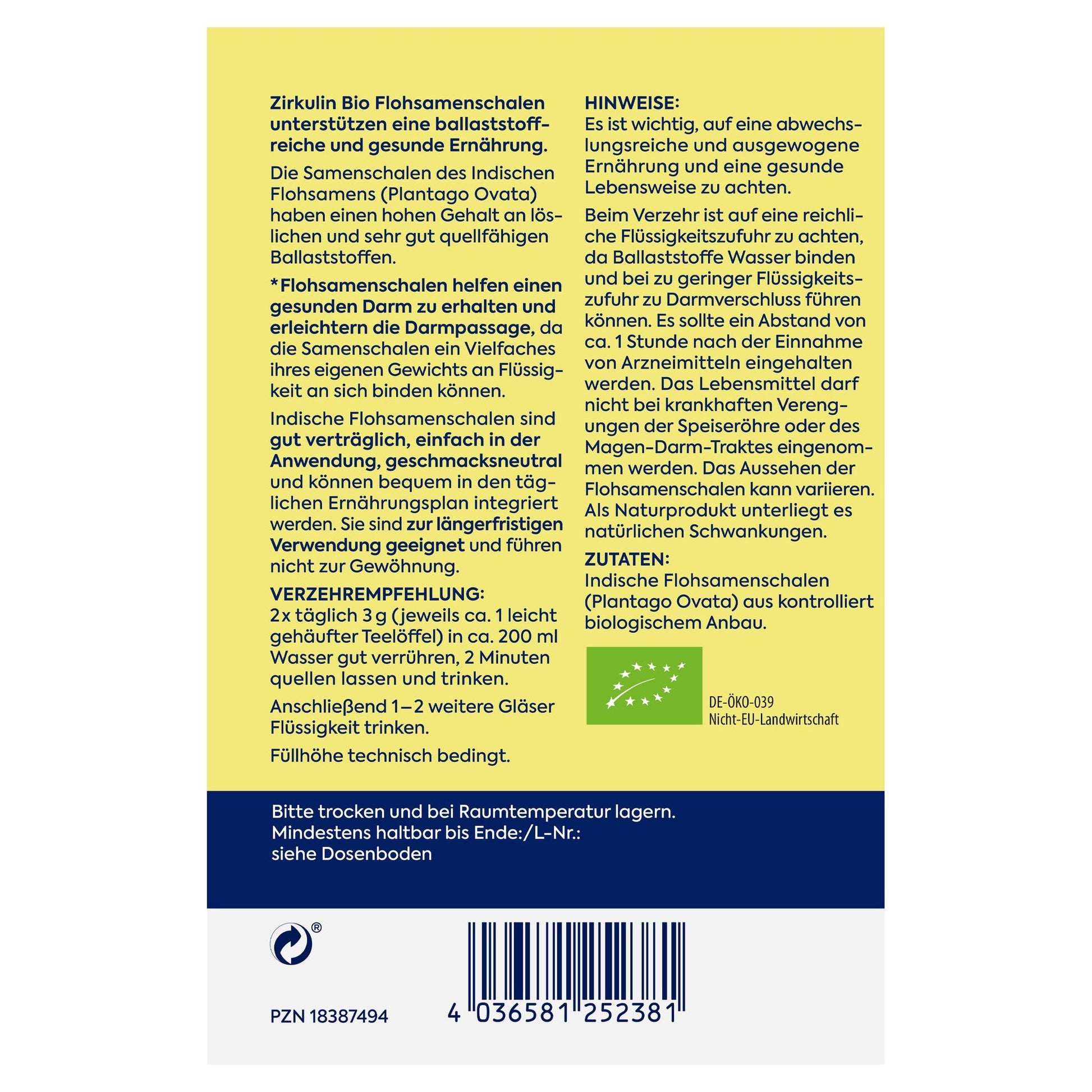 Zirkulin Bio Flohsamenschalen 200g Dose – Produktbild