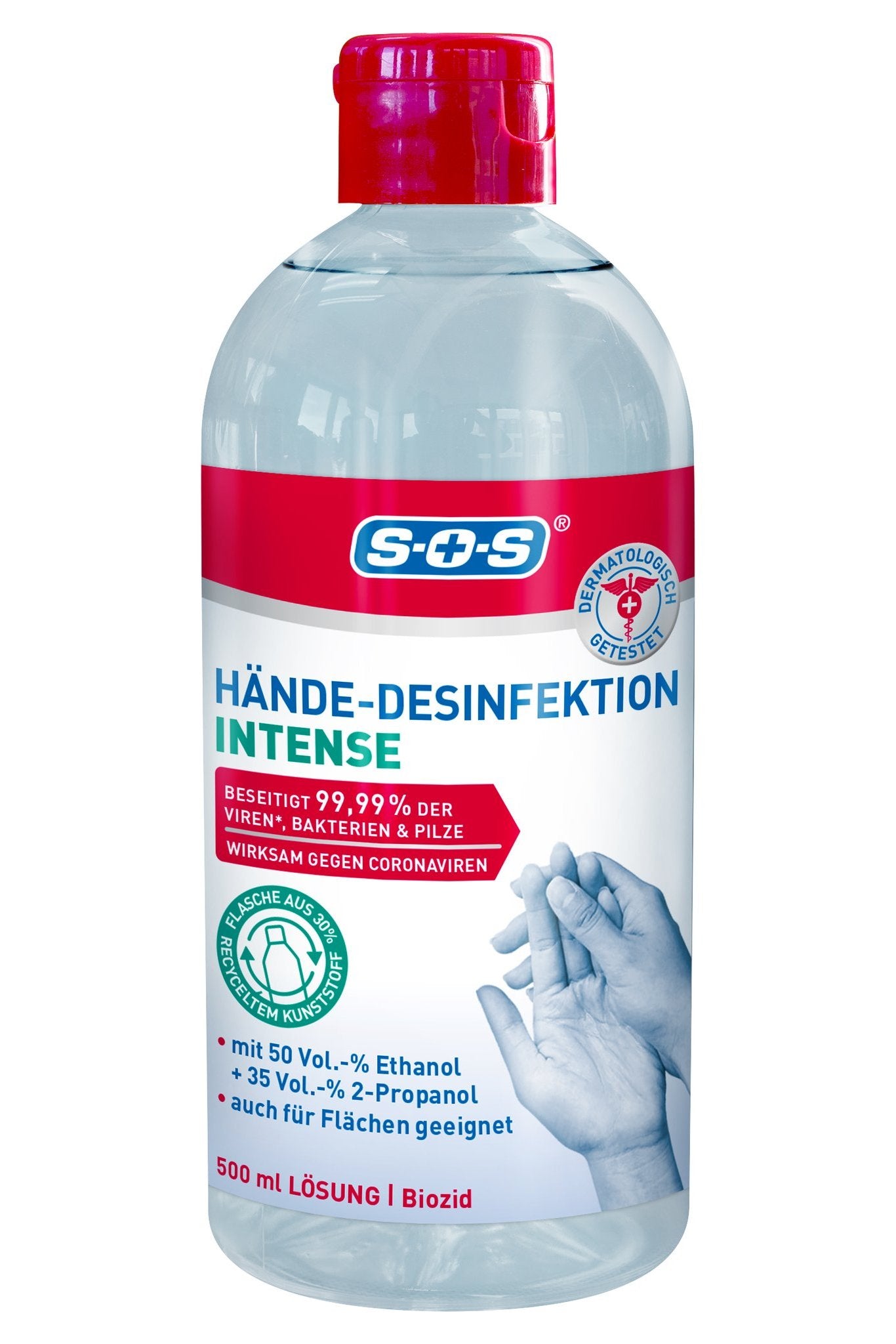 Klare Flasche SOS Hände-Desinfektion INTENSE 500ml mit rotem Deckel und Etikett, das Hände zeigt.
