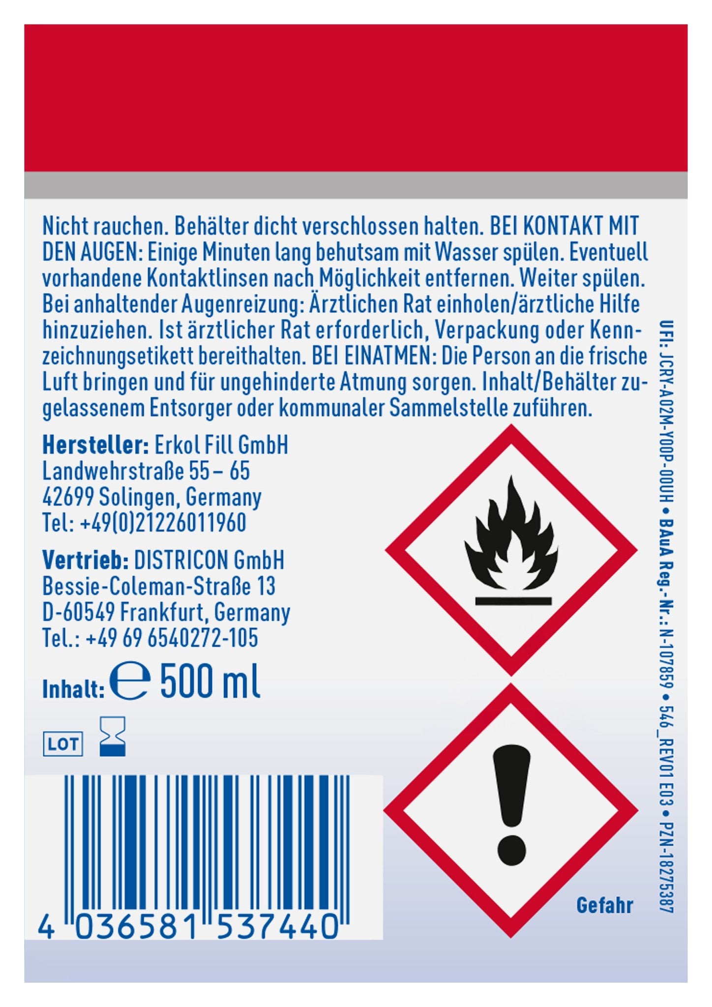 Rückseite der SOS Hände-Desinfektion Flasche mit Warnhinweisen, Herstellerinfos, Barcode und Gefahrensymbolen.