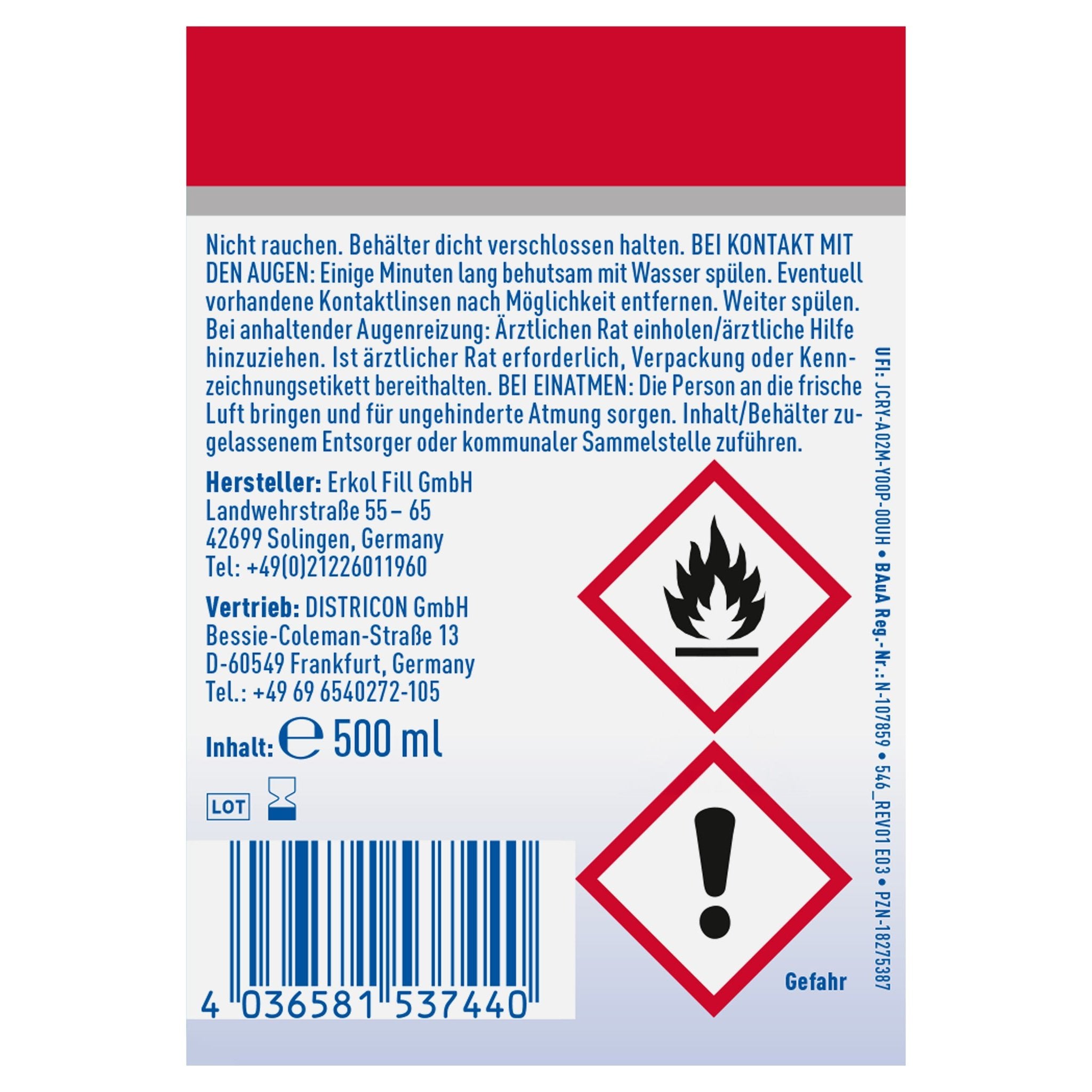Rückseite der SOS Hände-Desinfektion Flasche mit Warnhinweisen, Herstellerinfos, Barcode und Gefahrensymbolen.