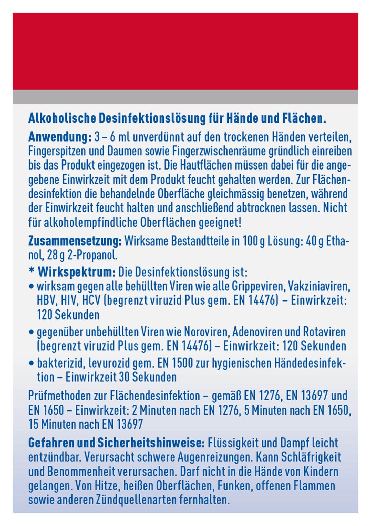 Detaillierte Informationen zur SOS Hände-Desinfektion: Anwendung, Zusammensetzung, Wirkspektrum und Hinweise.