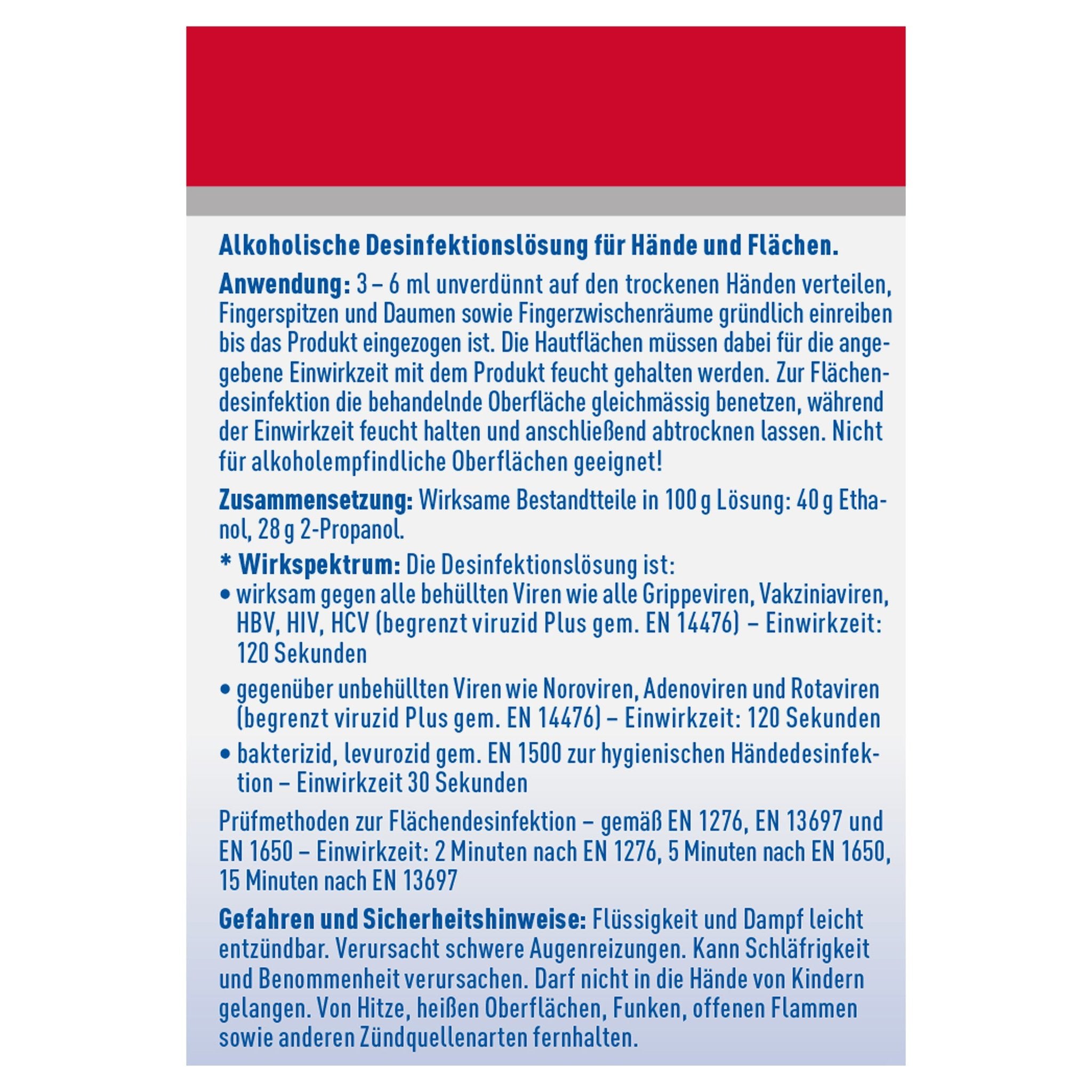Detaillierte Informationen zur SOS Hände-Desinfektion: Anwendung, Zusammensetzung, Wirkspektrum und Hinweise.