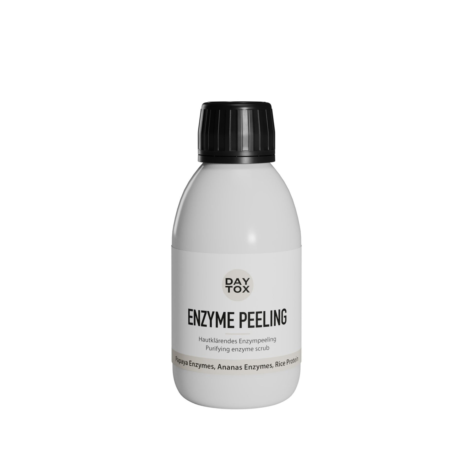 Weiße Flasche des Daytox Enzyme Peeling mit schwarzem Deckel und Produktetikett auf weißem Hintergrund.