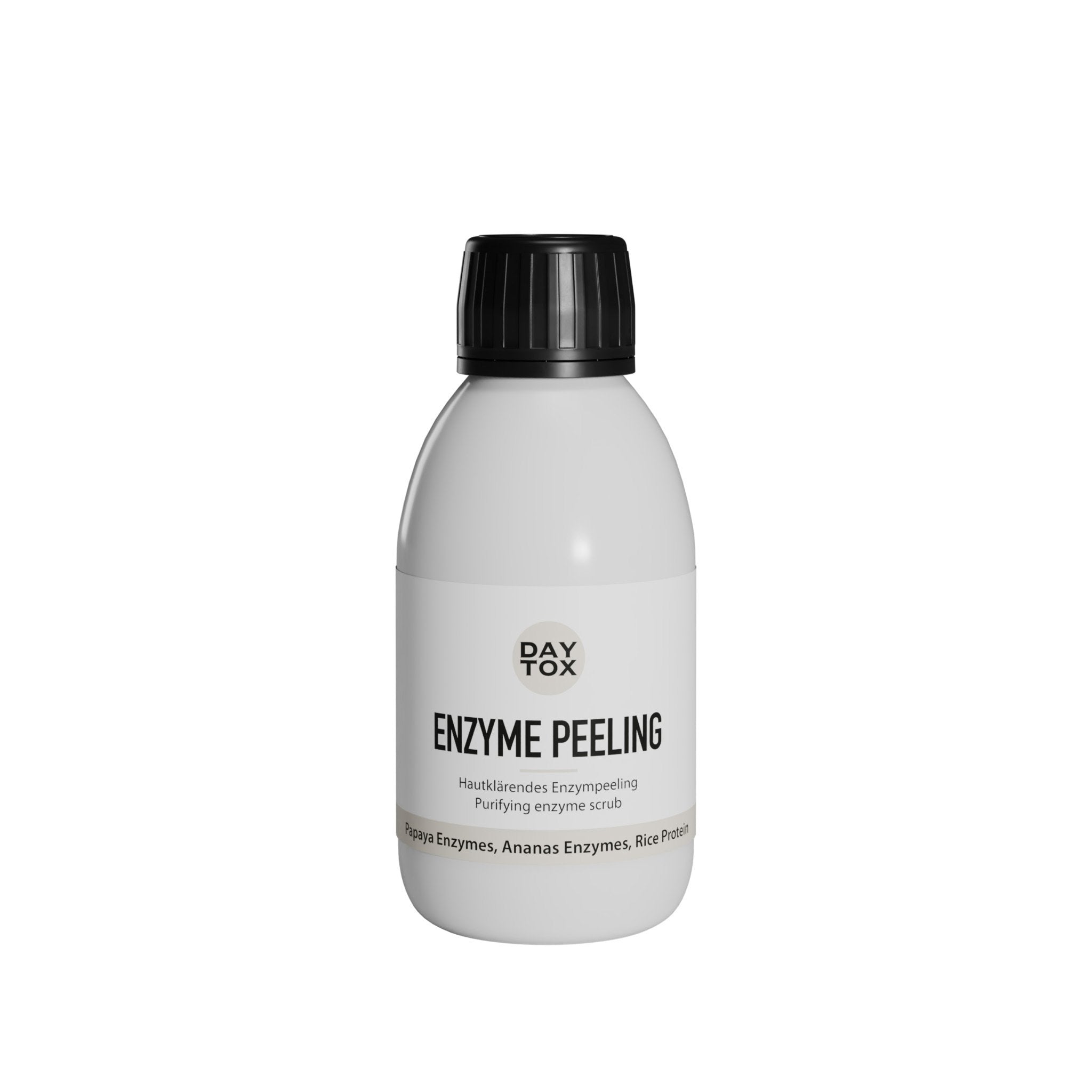 Weiße Flasche des Daytox Enzyme Peeling mit schwarzem Deckel und Produktetikett auf weißem Hintergrund.
