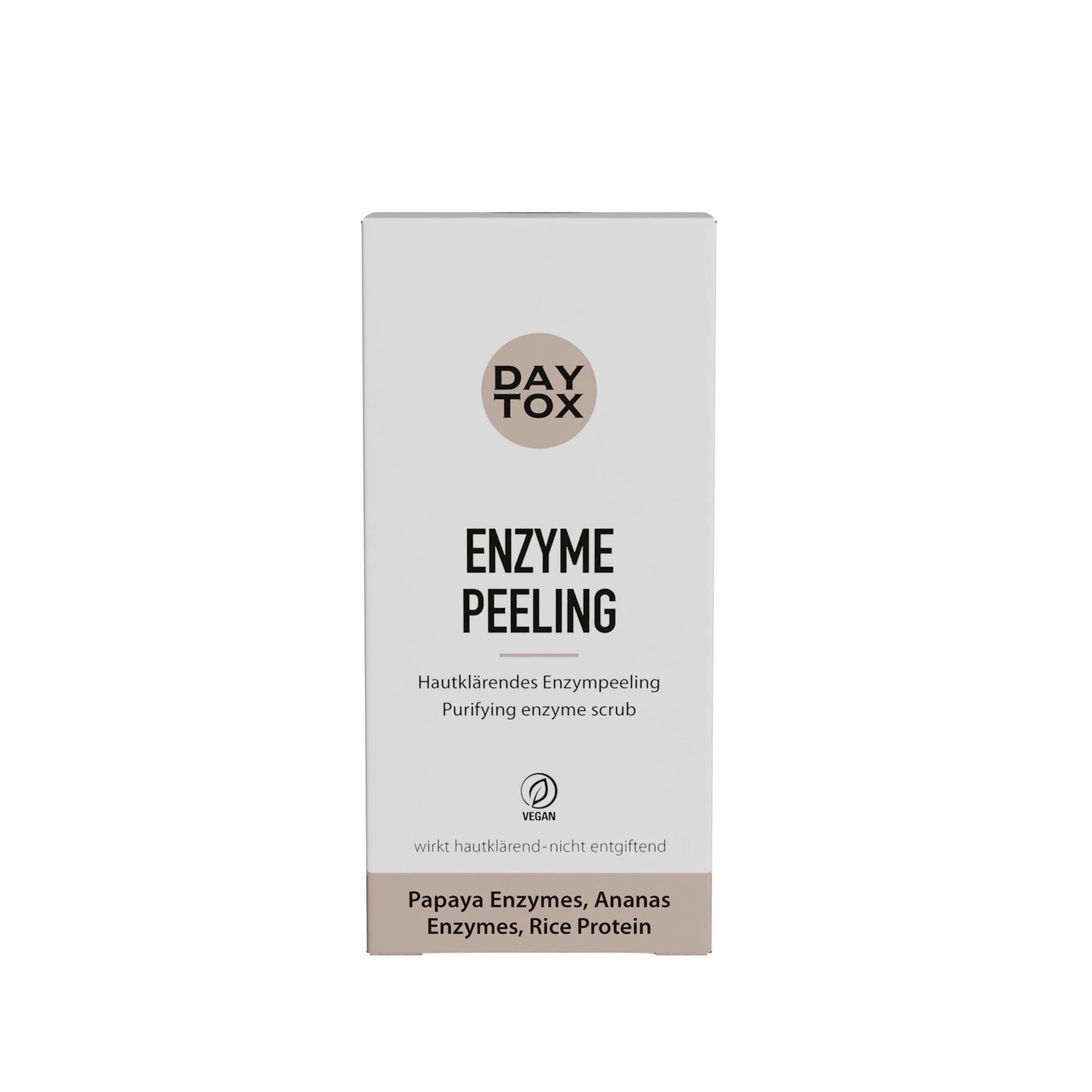 Weiße Produktverpackung des Daytox Enzyme Peeling mit Logo, Produktnamen und Inhaltsstoffen auf weißem Hintergrund.