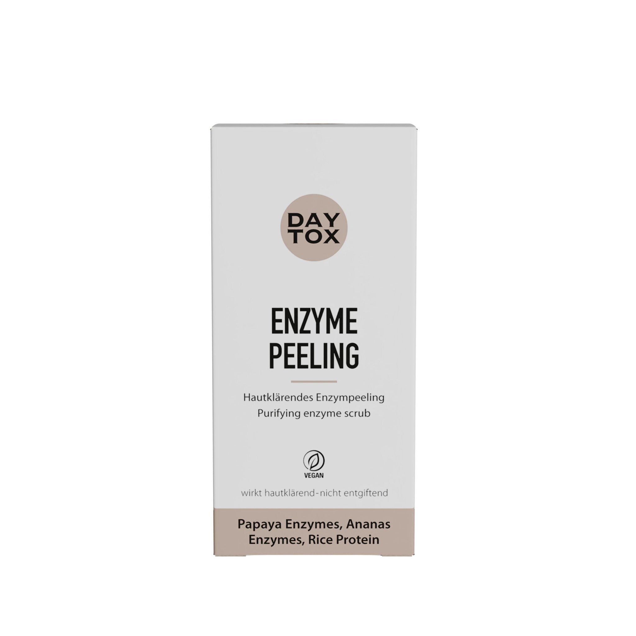 Weiße Produktverpackung des Daytox Enzyme Peeling mit Logo, Produktnamen und Inhaltsstoffen auf weißem Hintergrund.