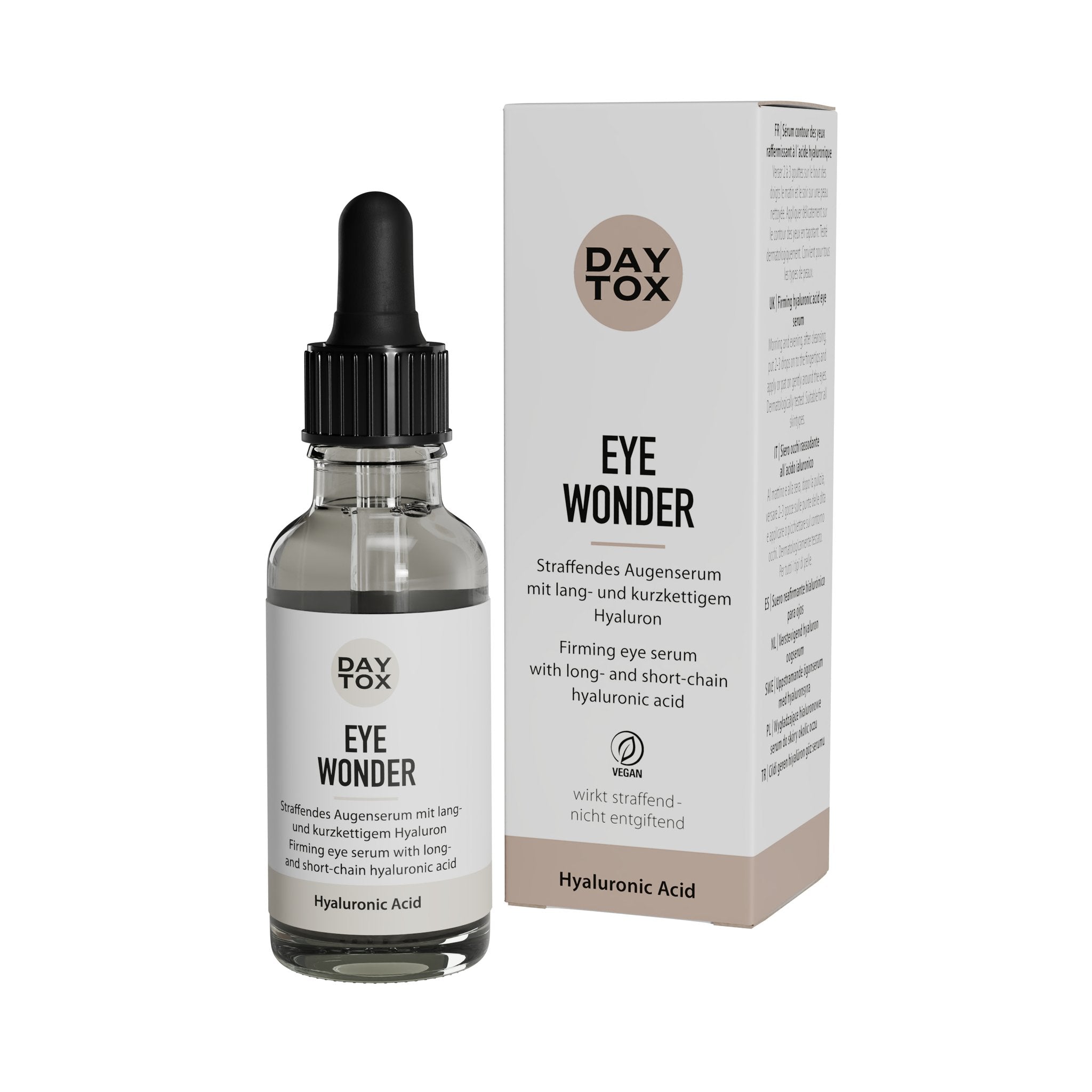 DAYTOX Hyaluron Eye Serum Flasche mit Pipette und Umverpackung nebeneinander auf weißem Hintergrund.