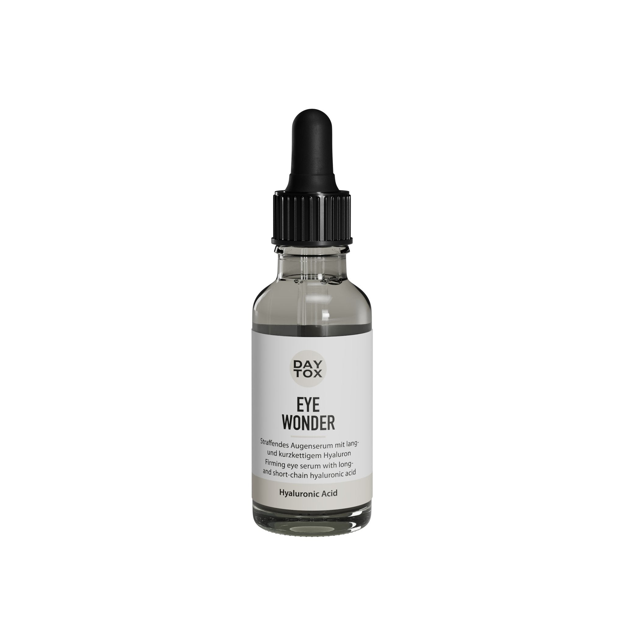 DAYTOX Hyaluron Eye Serum Flasche mit Pipette, Vorderseite des Etiketts, auf weißem Hintergrund.