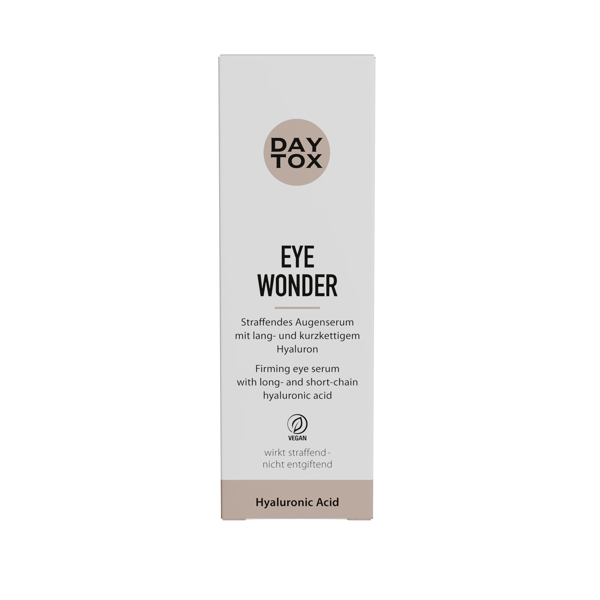 DAYTOX Hyaluron Eye Serum Umverpackung, Vorderseite mit Produktnamen und Details, auf weißem Hintergrund.