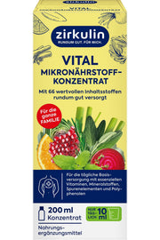 Vorderseite der gelben Produktverpackung Zirkulin Vital Mikronährstoffkonzentrat 200ml mit Früchte-Illustration.
