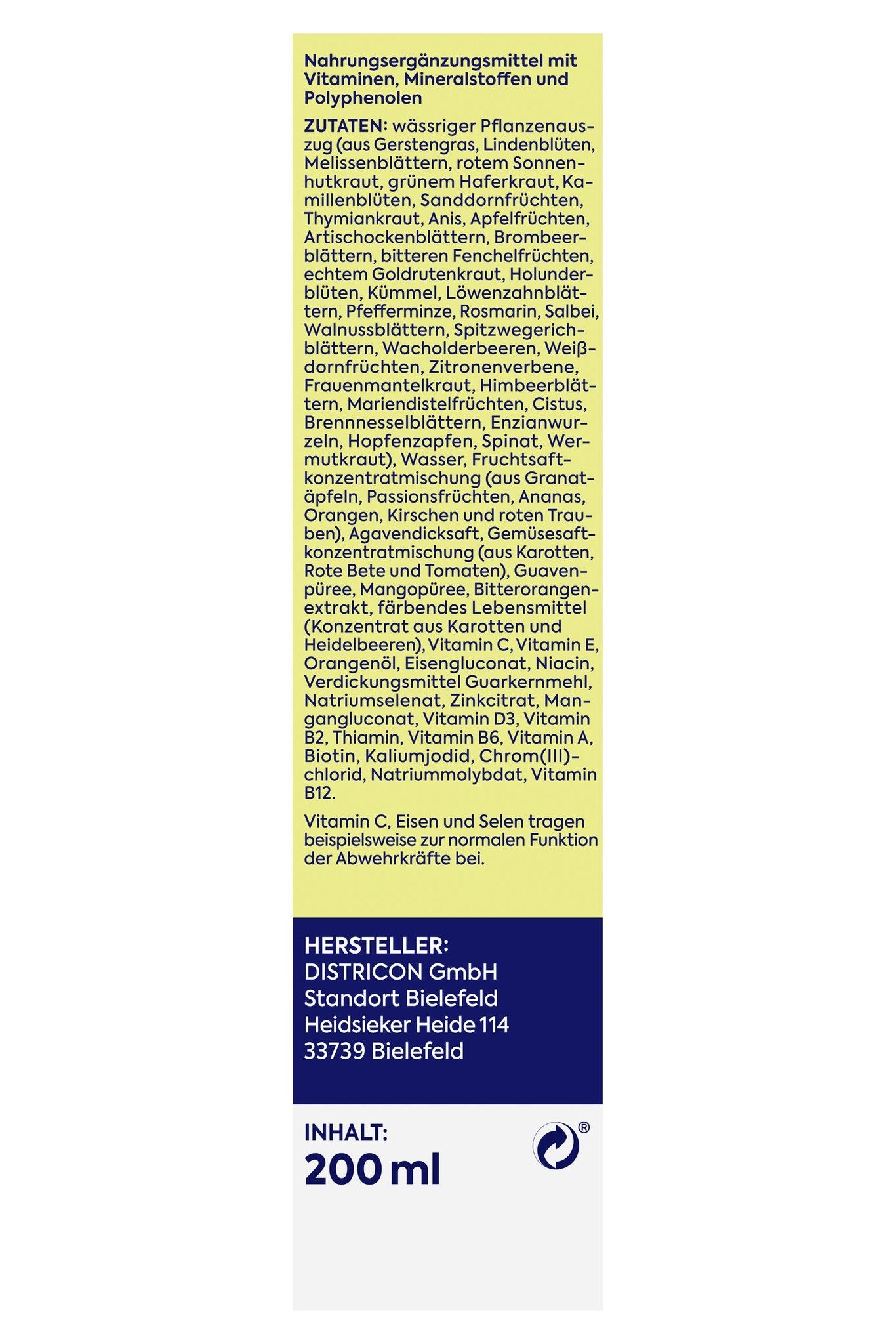 Rückseite der Produktverpackung mit Zutatenliste, Herstellerinformationen und Inhalt 200ml.