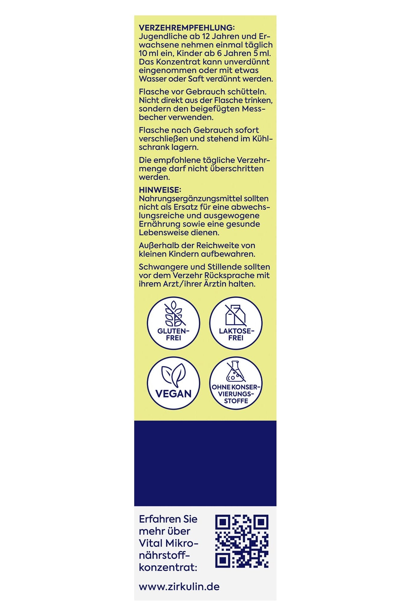 Seitenansicht der Verpackung mit Verzehrempfehlung, Hinweisen und Siegeln (glutenfrei, vegan).