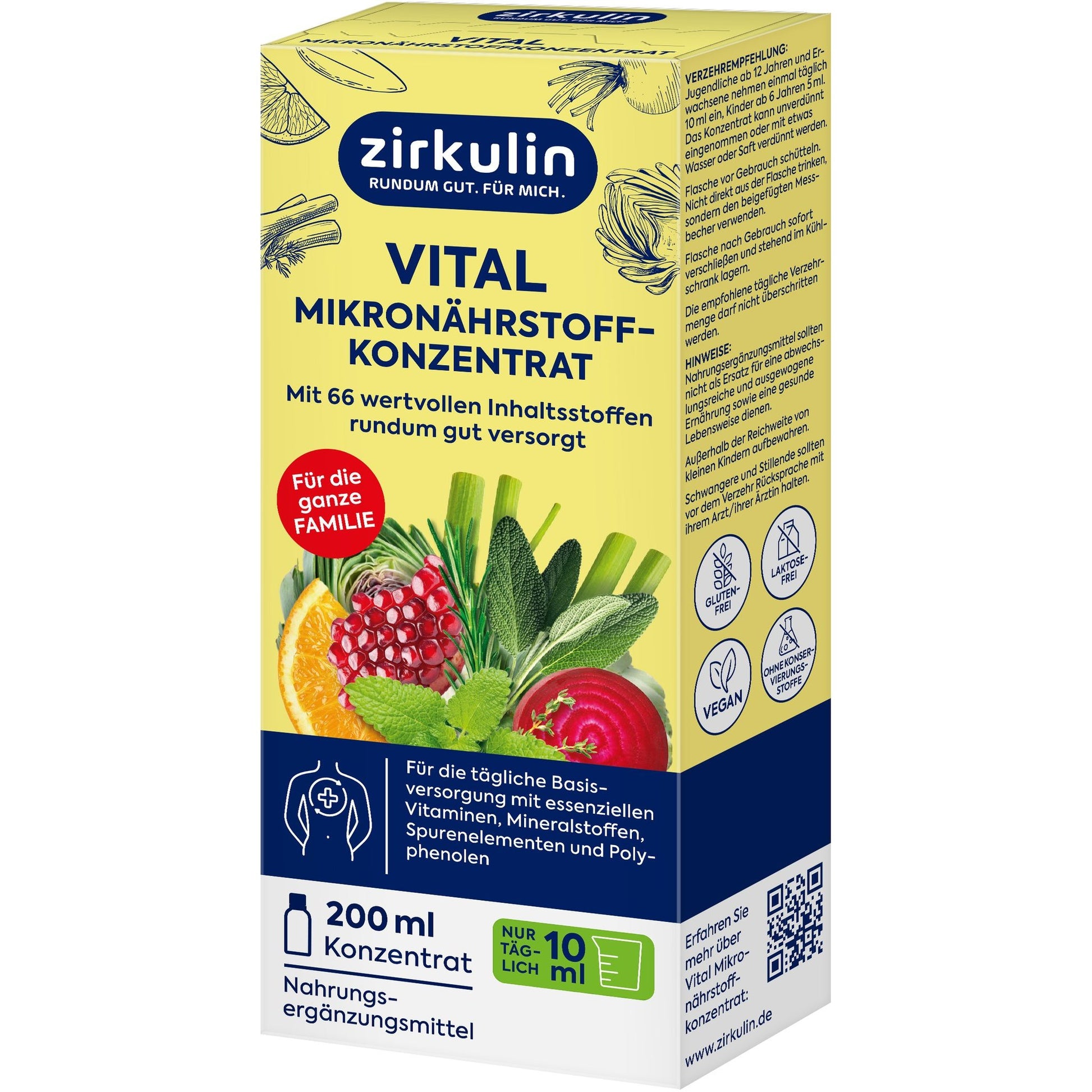 Schräge Ansicht der Produktverpackung Zirkulin Vital Mikronährstoffkonzentrat mit Vorder- und Seitenansicht.