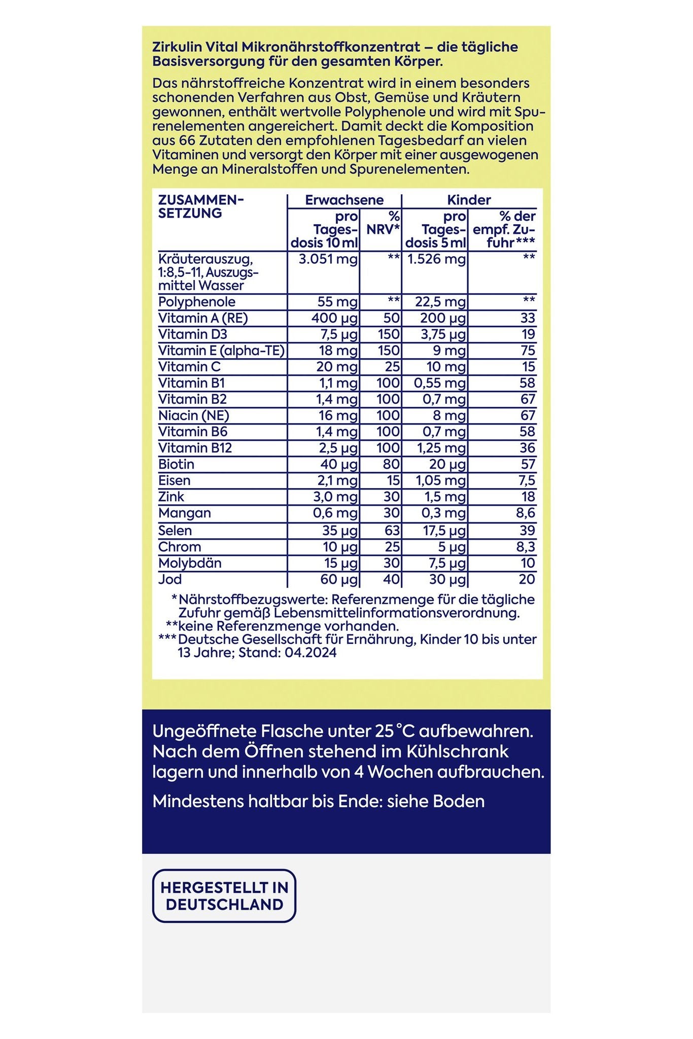 Detaillierte Nährwerttabelle für Erwachsene und Kinder sowie Lagerhinweise des Produkts.