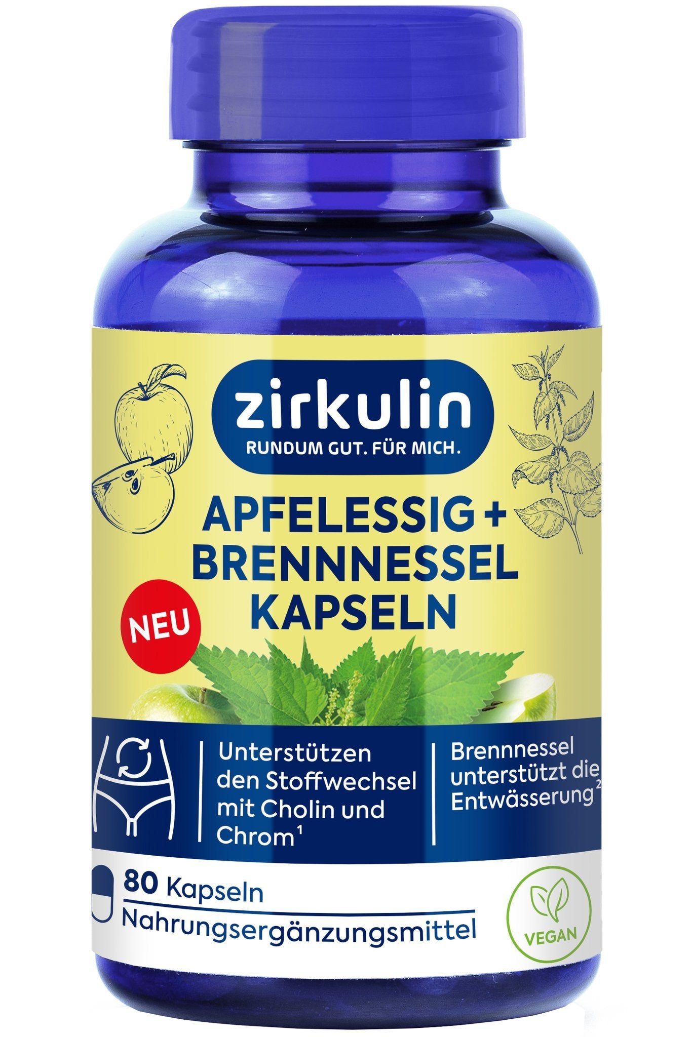 Blaue Flasche mit gelbem Etikett, zeigt Zirkulin Apfelessig + Brennnessel Kapseln, Äpfel und Brennnessel.
