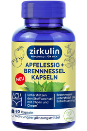 Blaue Flasche mit gelbem Etikett, zeigt Zirkulin Apfelessig + Brennnessel Kapseln, Äpfel und Brennnessel.