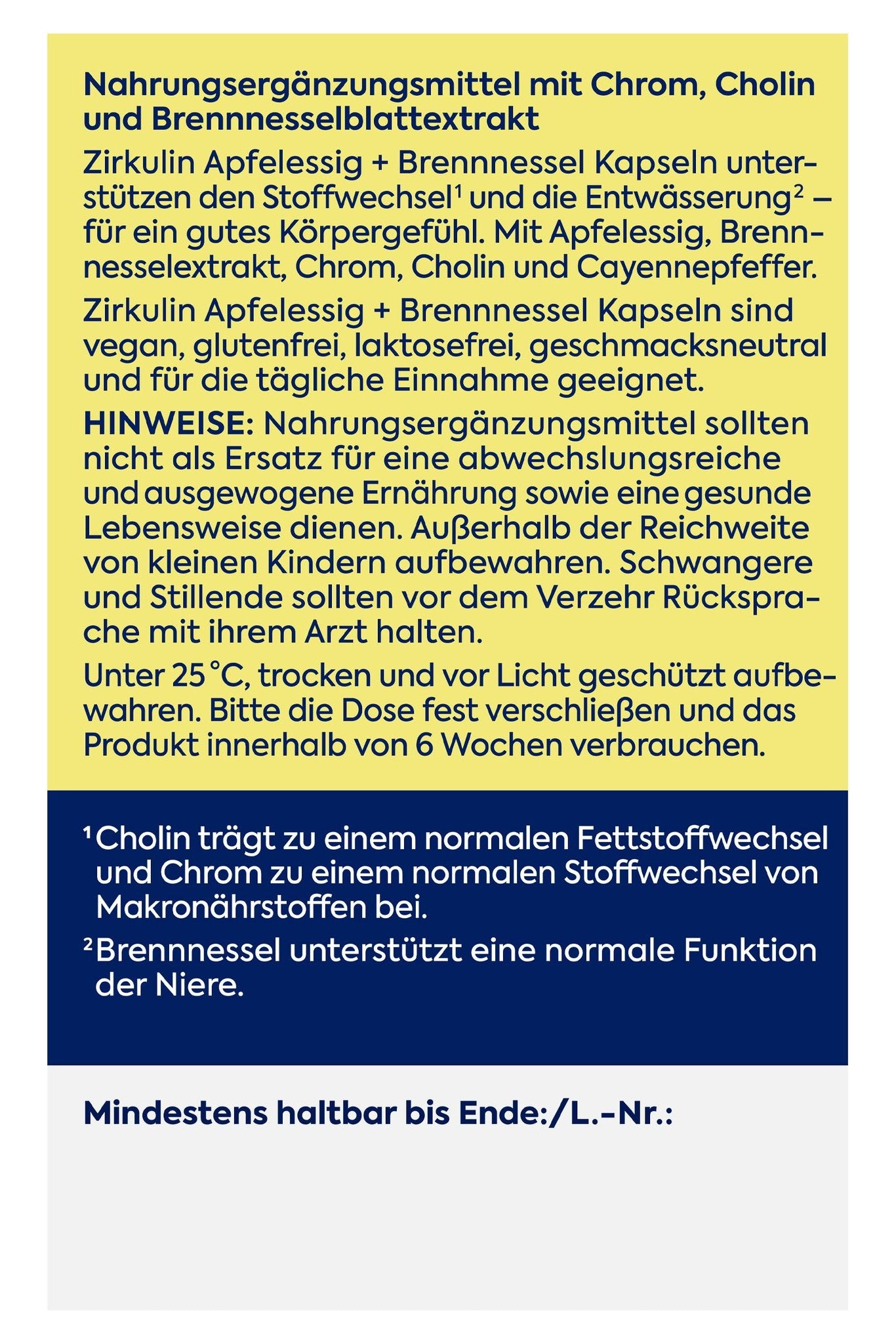Rückseite der Verpackung mit Produktbeschreibung, Hinweisen zu Lagerung und Verzehr sowie Fußnoten.