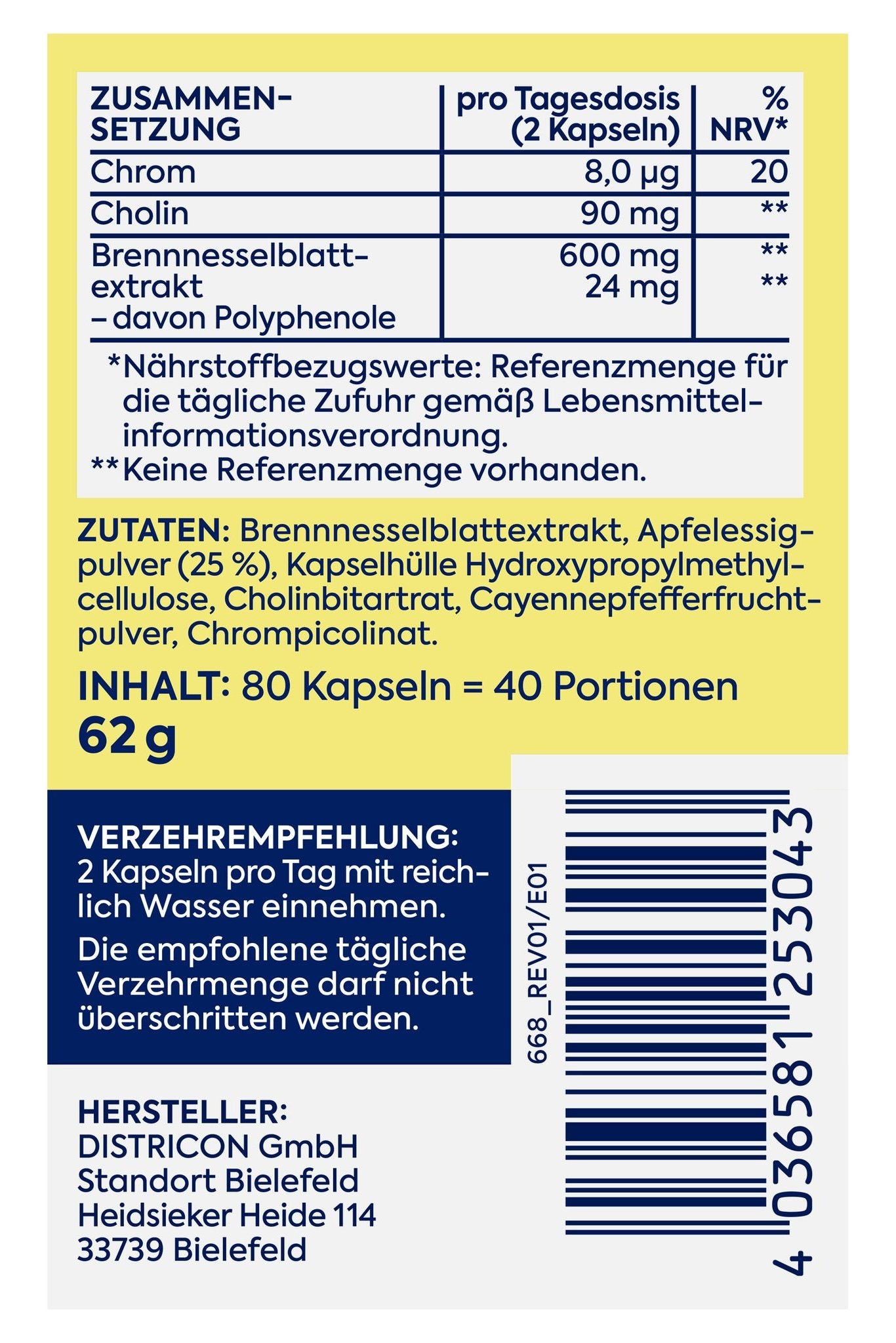 Seitenansicht der Verpackung mit Nährwerttabelle, Zutatenliste, Inhalt, Verzehrempfehlung und Hersteller.
