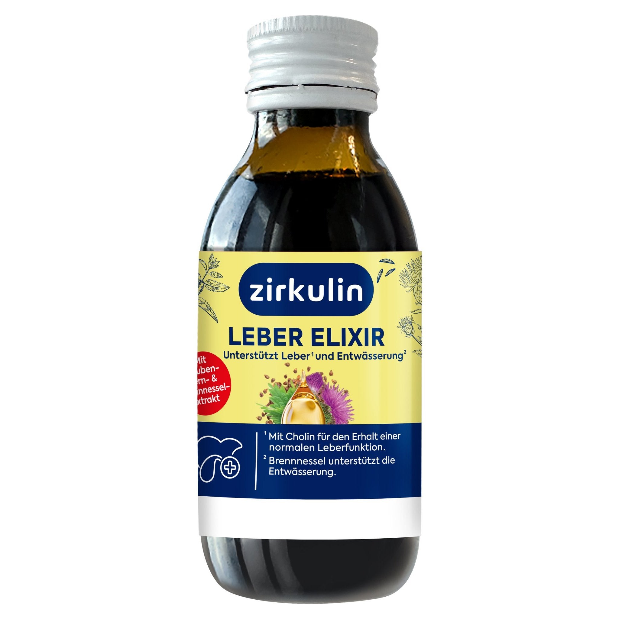 Dunkle Glasflasche des Zirkulin Leber Elixirs mit gelbem Etikett und weißem Schraubverschluss.