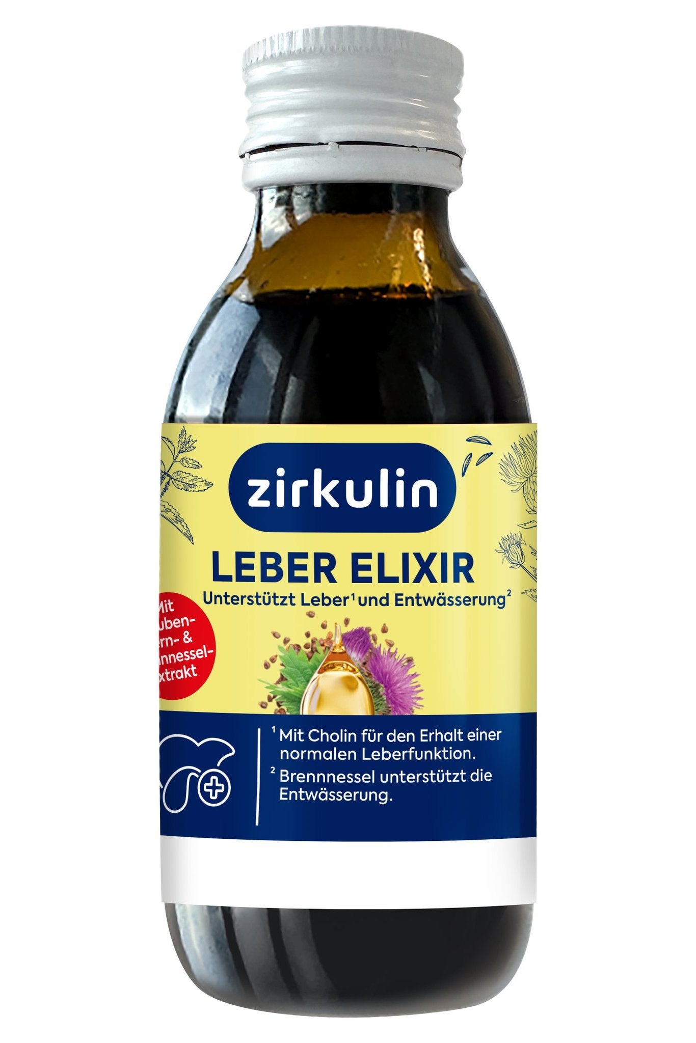 Dunkle Glasflasche des Zirkulin Leber Elixirs mit gelbem Etikett und weißem Schraubverschluss.