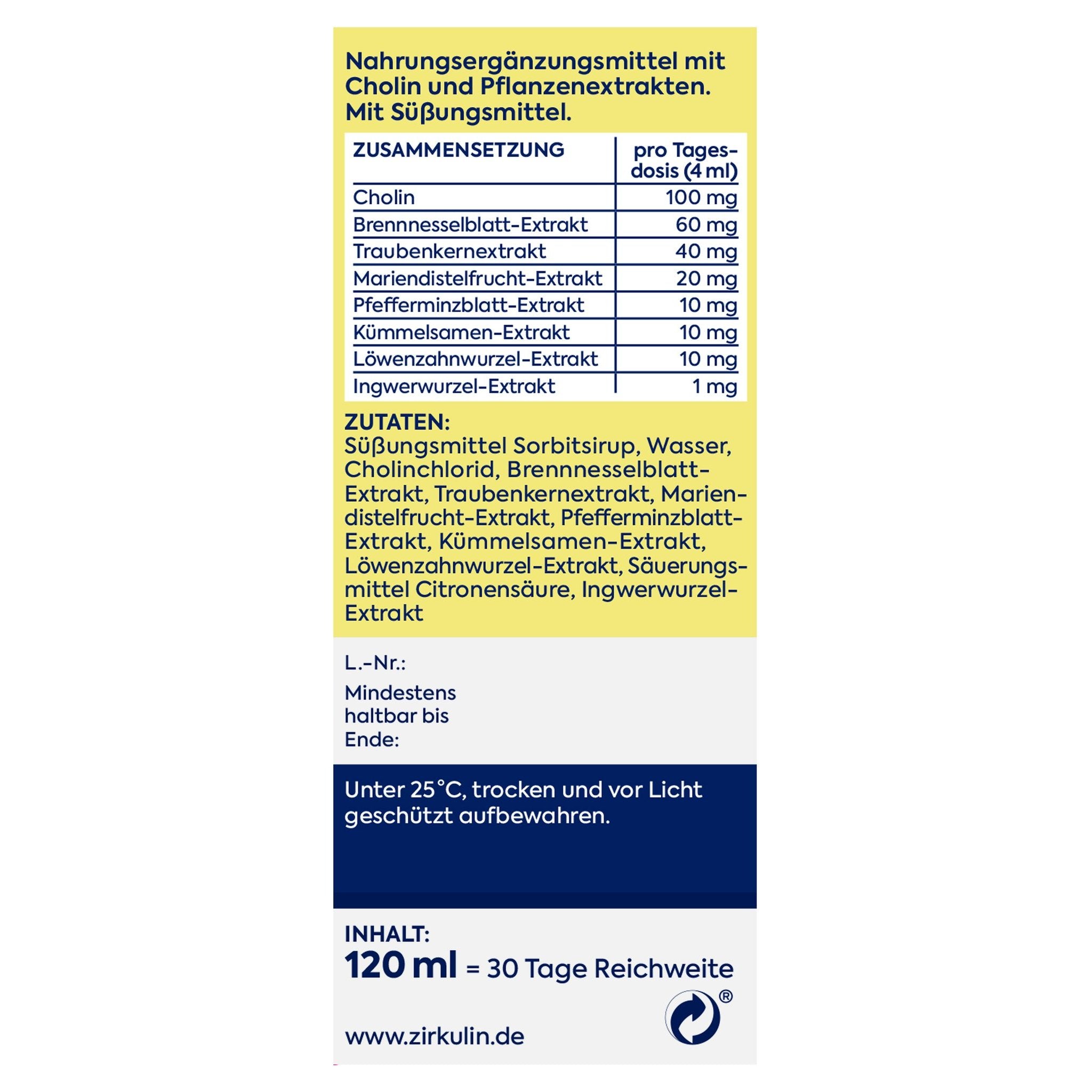 Seitenansicht der Verpackung mit detaillierter Zusammensetzungstabelle, Zutatenliste und Lagerhinweisen.