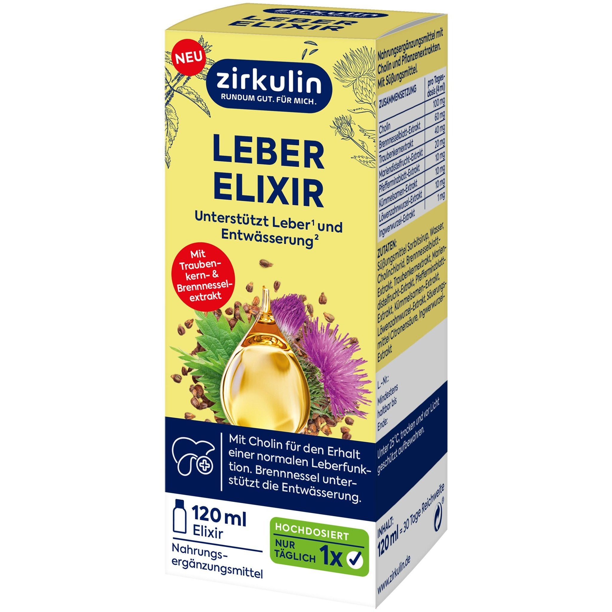 Schräge Ansicht der gelben Produktverpackung, zeigt Vorderseite und die Seite mit Inhaltsstoffen.