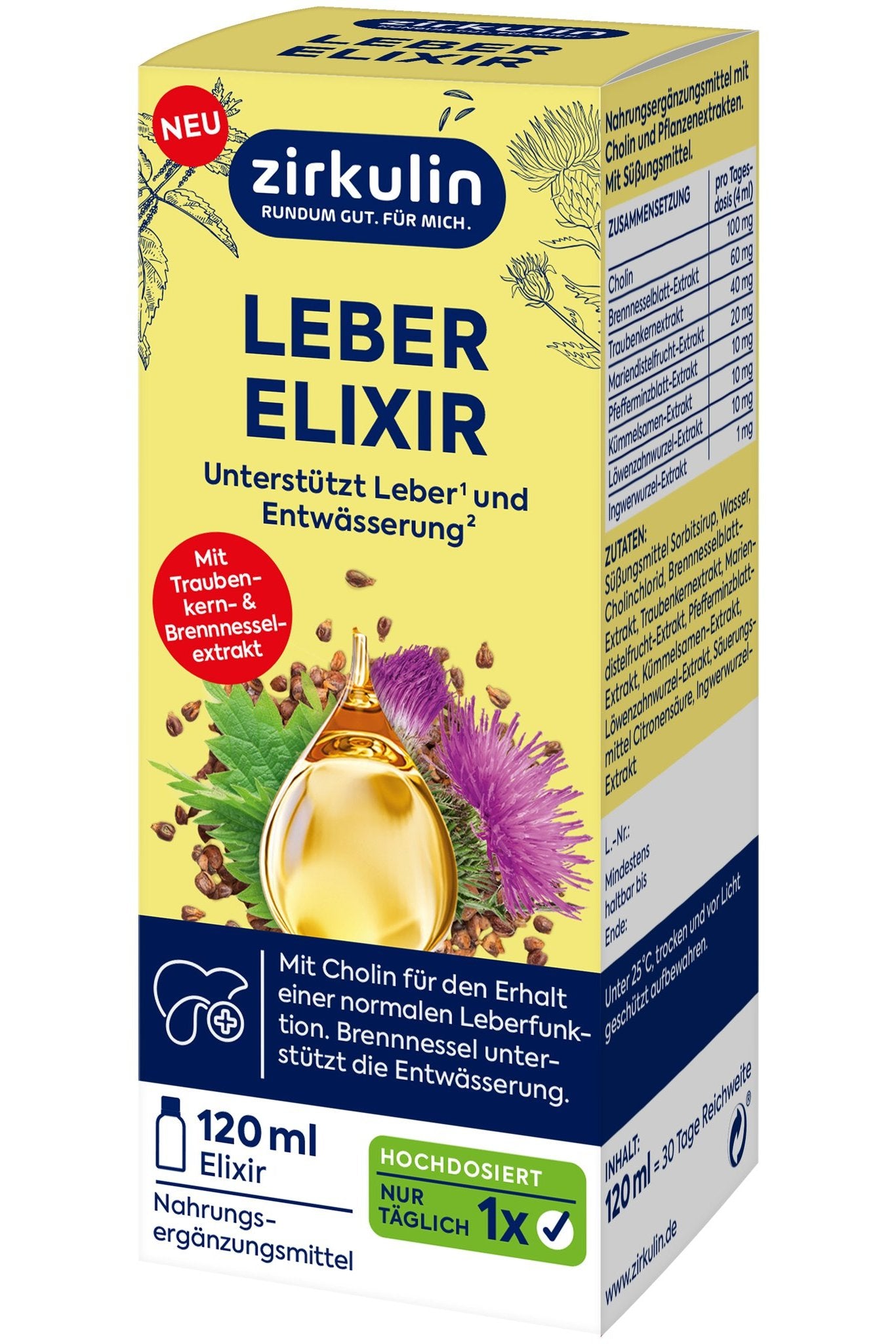 Schräge Ansicht der gelben Produktverpackung, zeigt Vorderseite und die Seite mit Inhaltsstoffen.