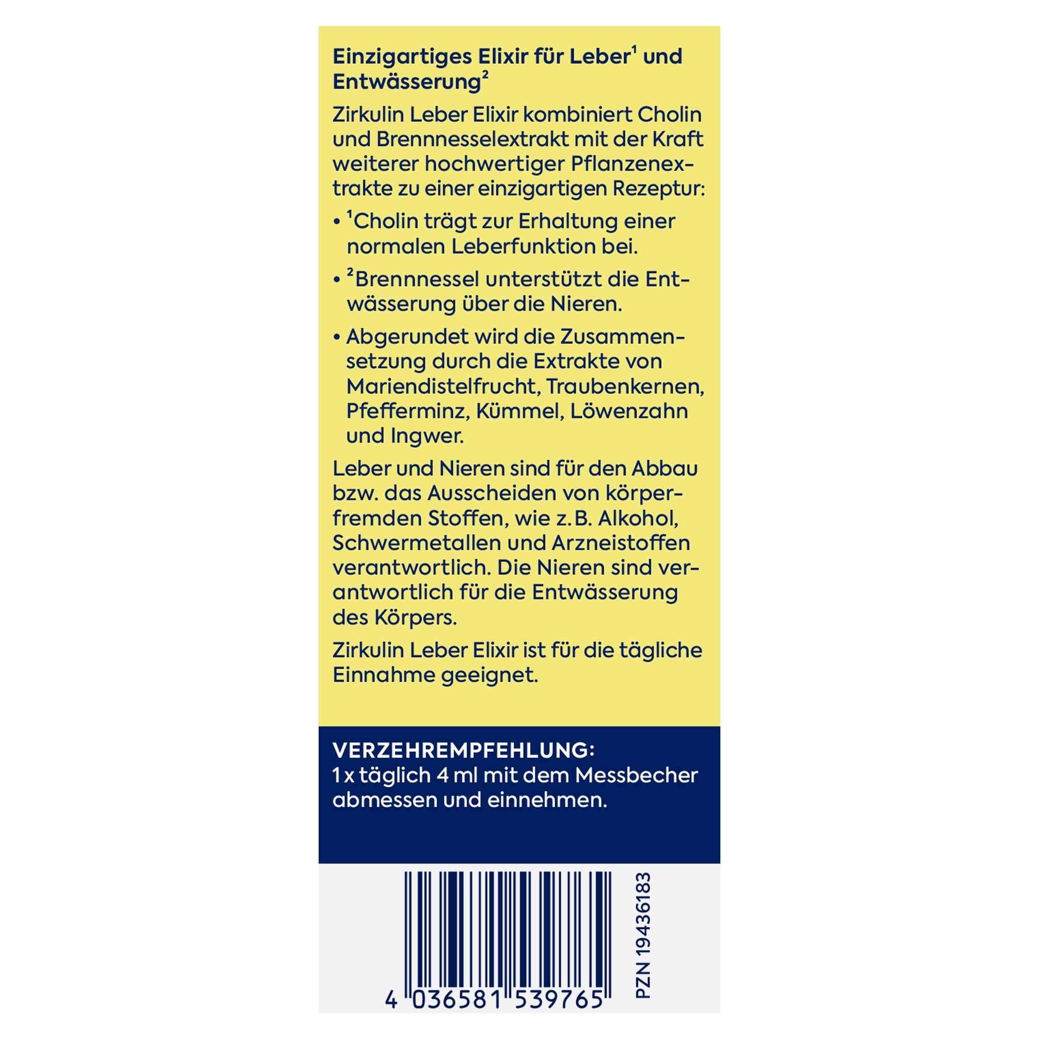 Seitenansicht der Verpackung mit Produktbeschreibung, detaillierten Vorteilen und Verzehrempfehlung.
