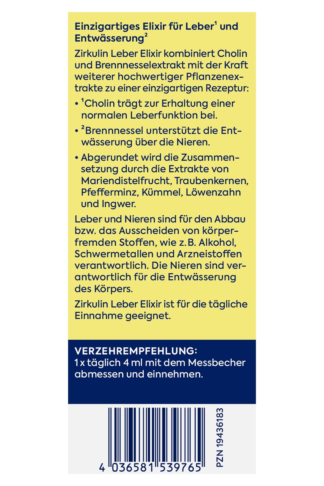 Seitenansicht der Verpackung mit Produktbeschreibung, detaillierten Vorteilen und Verzehrempfehlung.