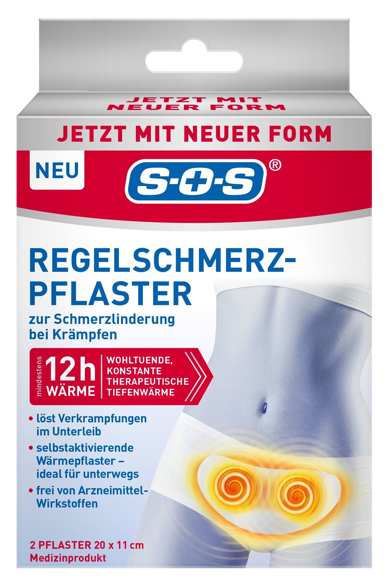 Vorderseite der SOS Regelschmerz-Pflaster Verpackung mit Produktnamen, "12h Wärme" und Abbildung einer Frau.