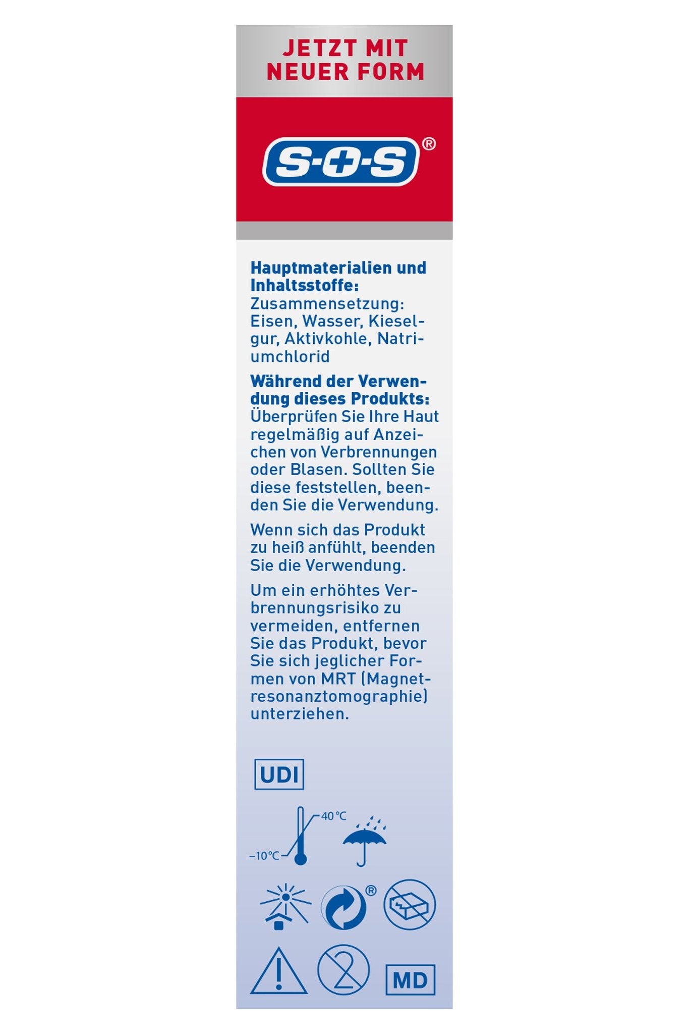 Seitenansicht der Verpackung mit Hauptmaterialien, Inhaltsstoffen, Anwendungshinweisen und Sicherheitssymbolen.