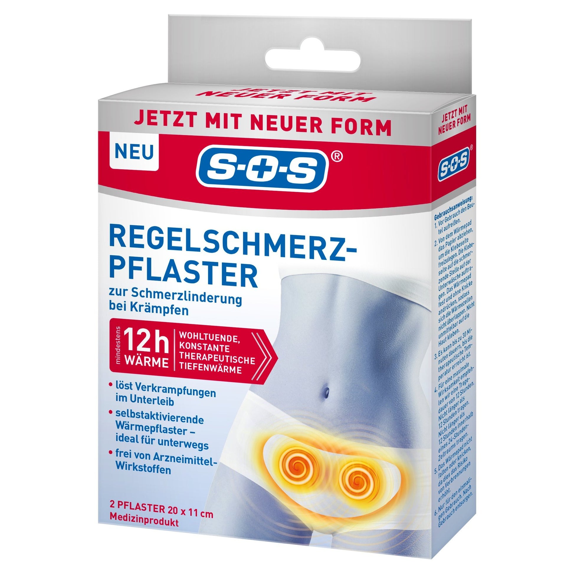 Vorderseite der SOS Regelschmerz-Pflaster Verpackung mit Produktnamen und seitlicher Gebrauchsanweisung.