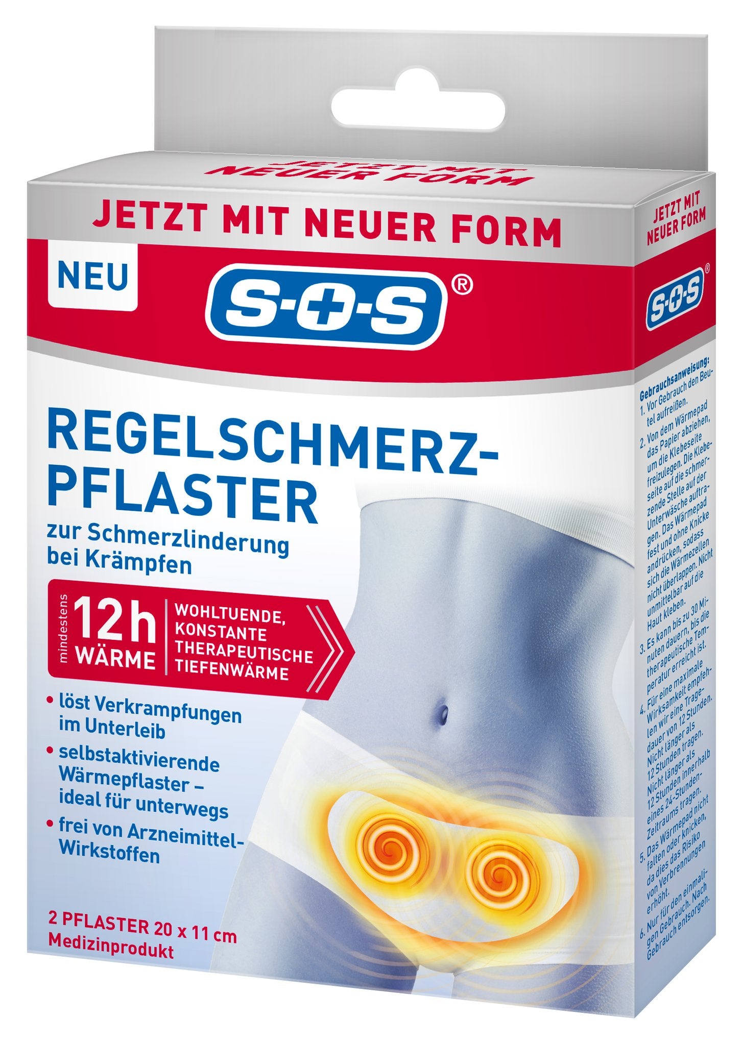 Vorderseite der SOS Regelschmerz-Pflaster Verpackung mit Produktnamen und seitlicher Gebrauchsanweisung.