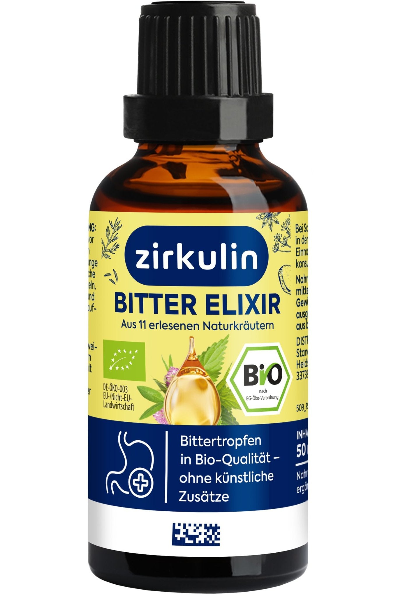 Braune Flasche des Zirkulin Bitter Elixir Bio mit Etikett, Produktnamen und Bio-Siegel.