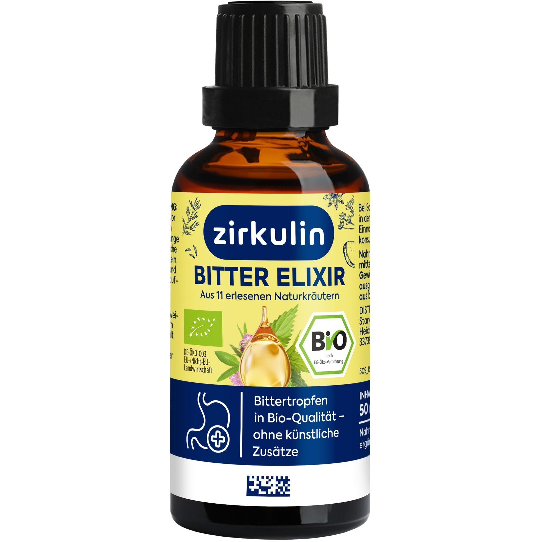 Braune Flasche des Zirkulin Bitter Elixir Bio mit Etikett, Produktnamen und Bio-Siegel.