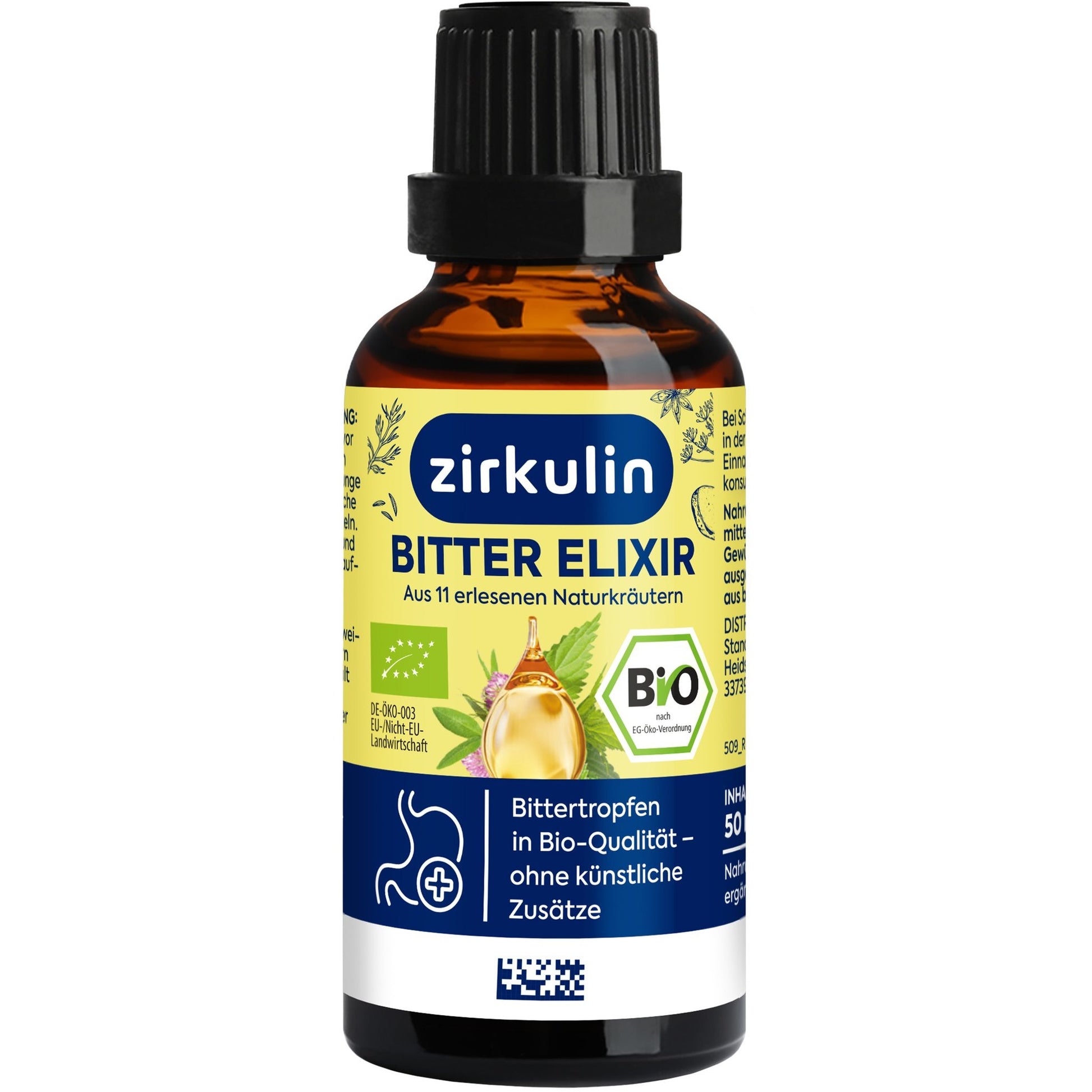 Braune Flasche des Zirkulin Bitter Elixir Bio mit Etikett, Produktnamen und Bio-Siegel.