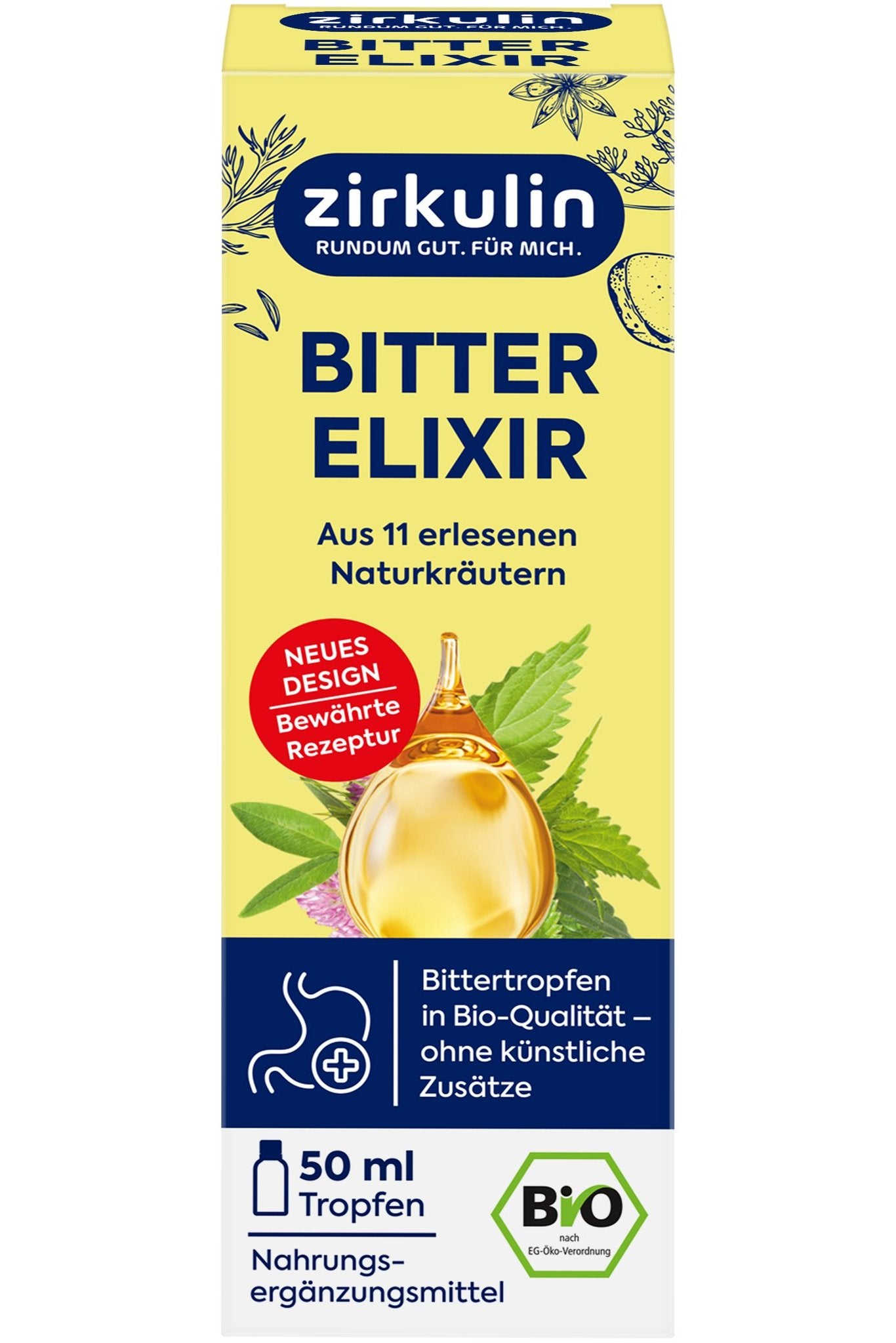 Vorderseite der Zirkulin Bitter Elixir Bio Verpackung mit Produktnamen, Menge und Bio-Siegel.